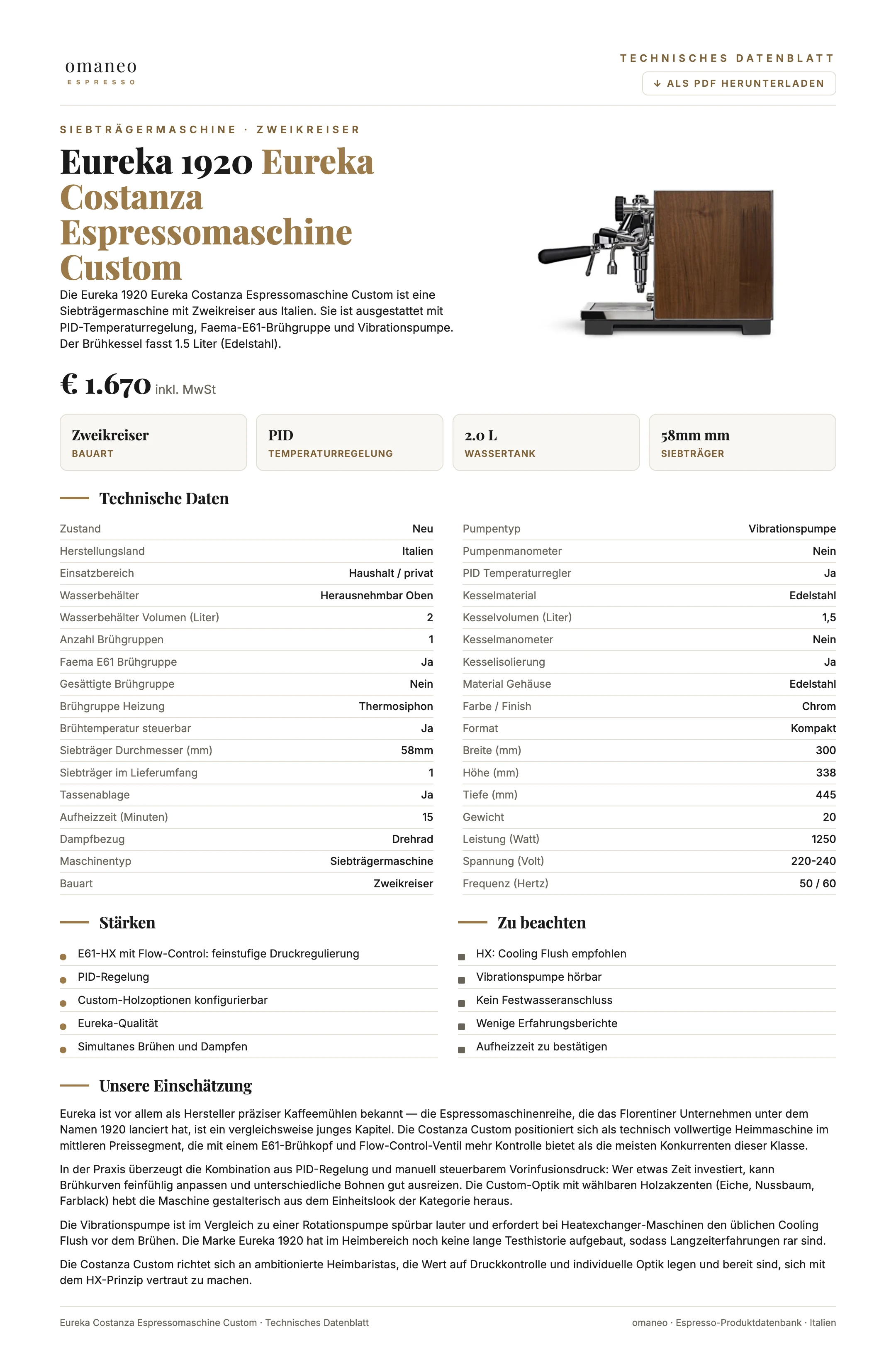 Technisches Datenblatt Eureka Costanza Espressomaschine Custom