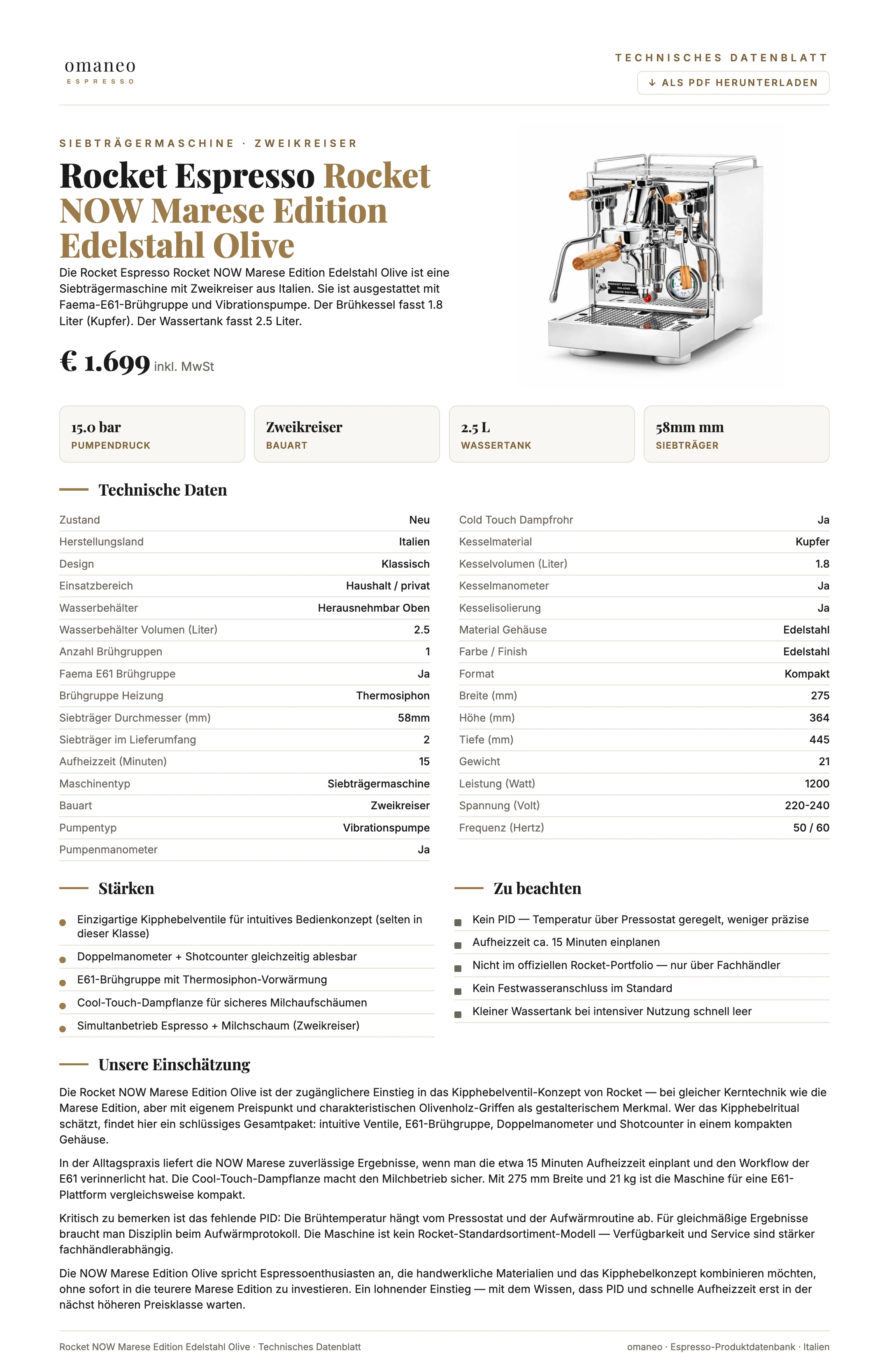 Technisches Datenblatt Rocket NOW Marese Edition Edelstahl Olive