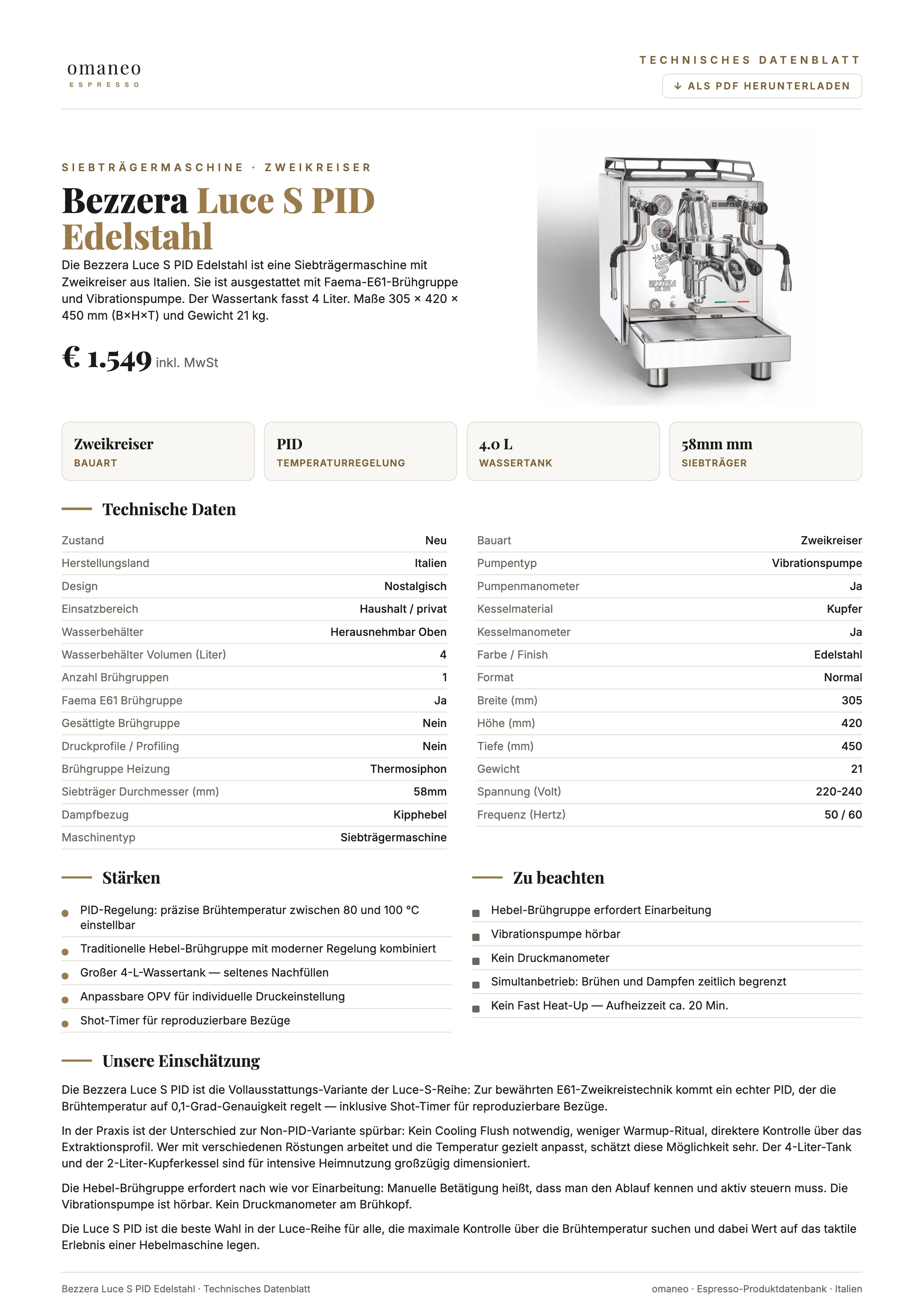 Technisches Datenblatt Luce S PID Edelstahl