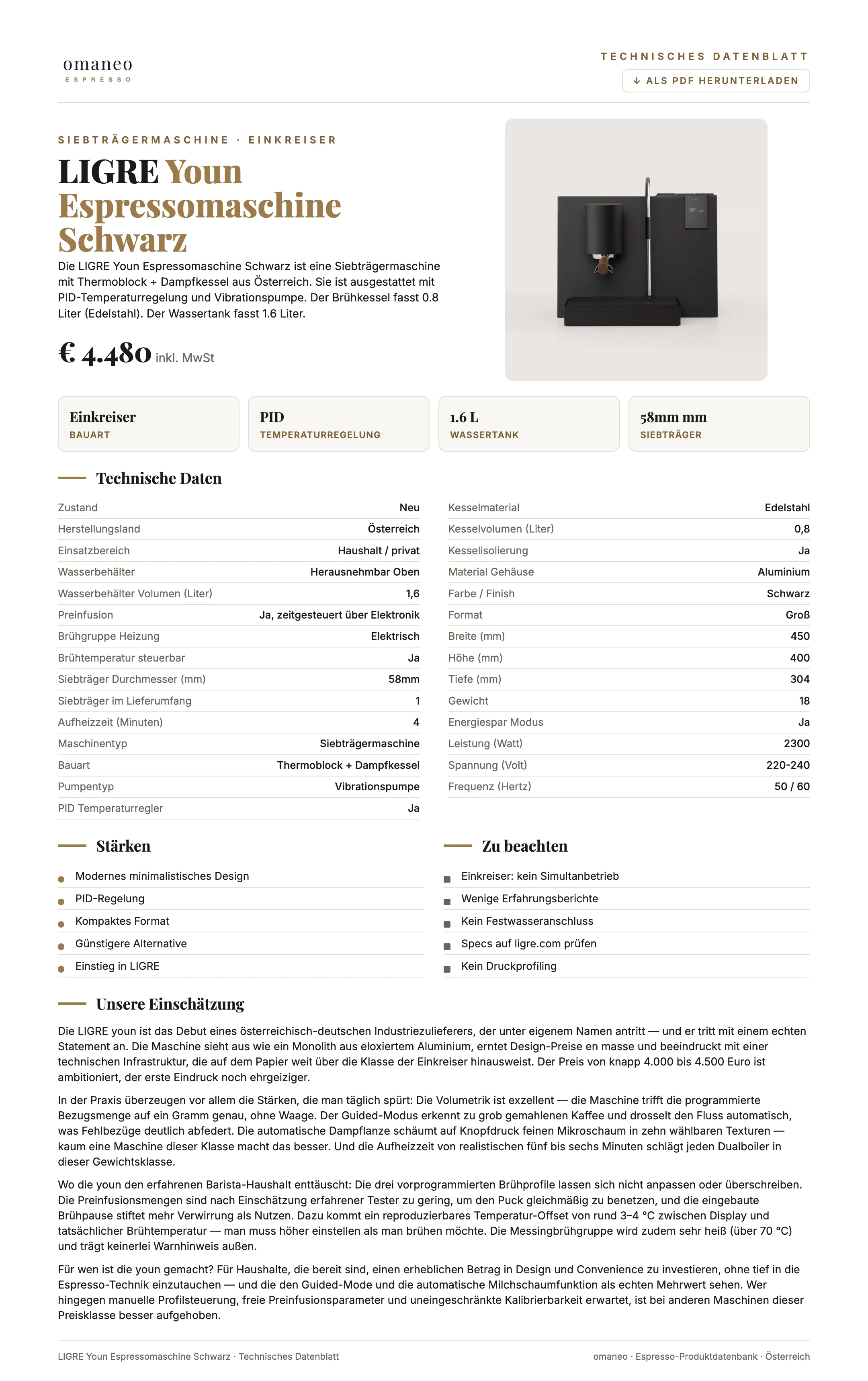 Technisches Datenblatt Youn Espressomaschine Schwarz