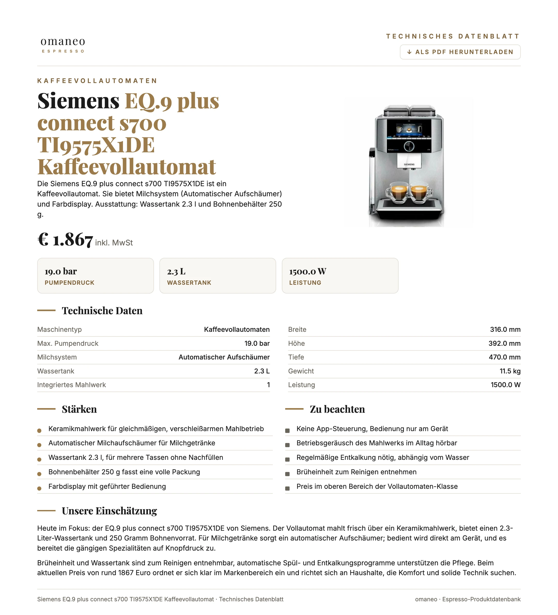 Technisches Datenblatt EQ.9 plus connect s700 TI9575X1DE Kaffeevollautomat