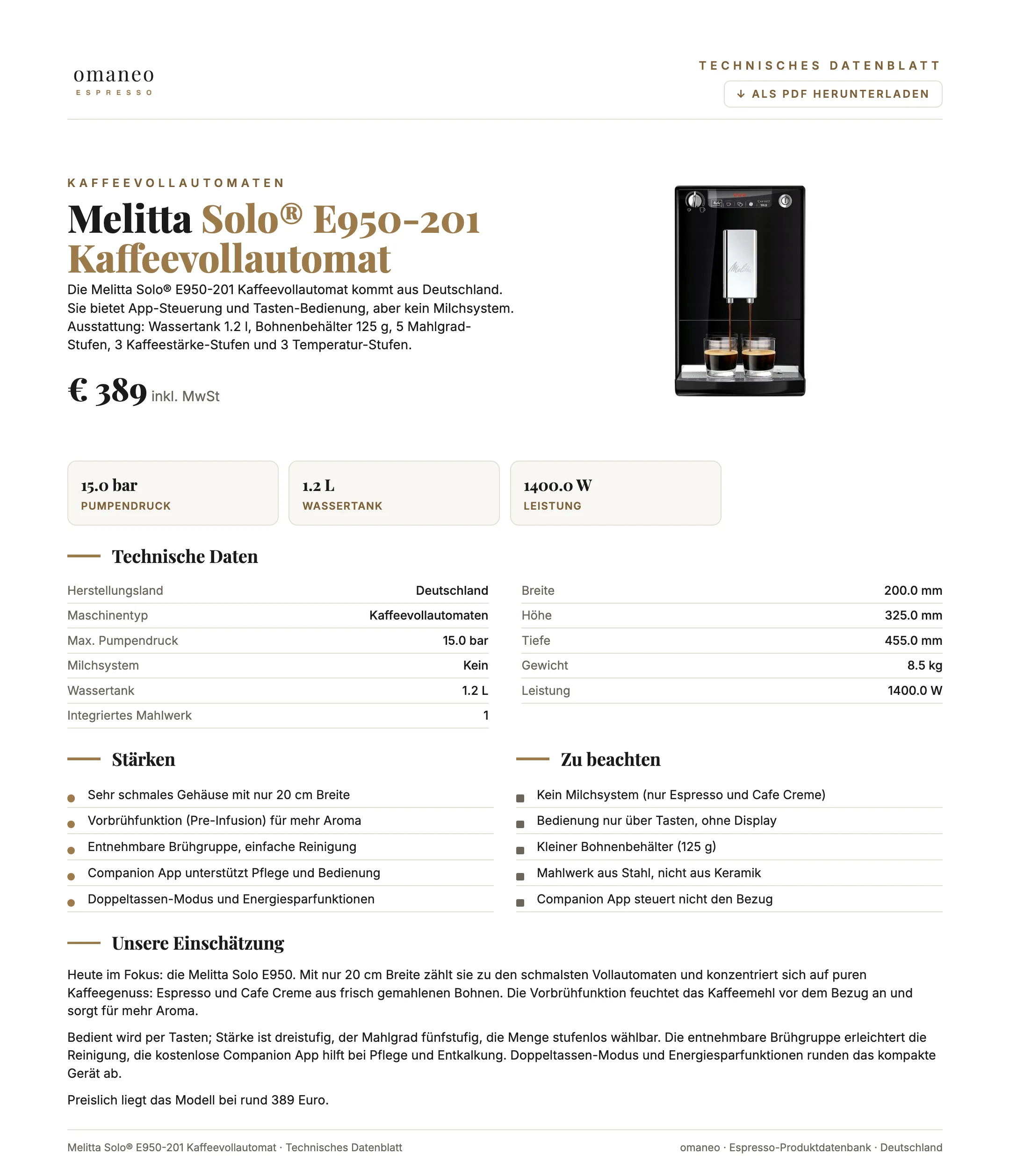 Technisches Datenblatt Solo® E950-201 Kaffeevollautomat
