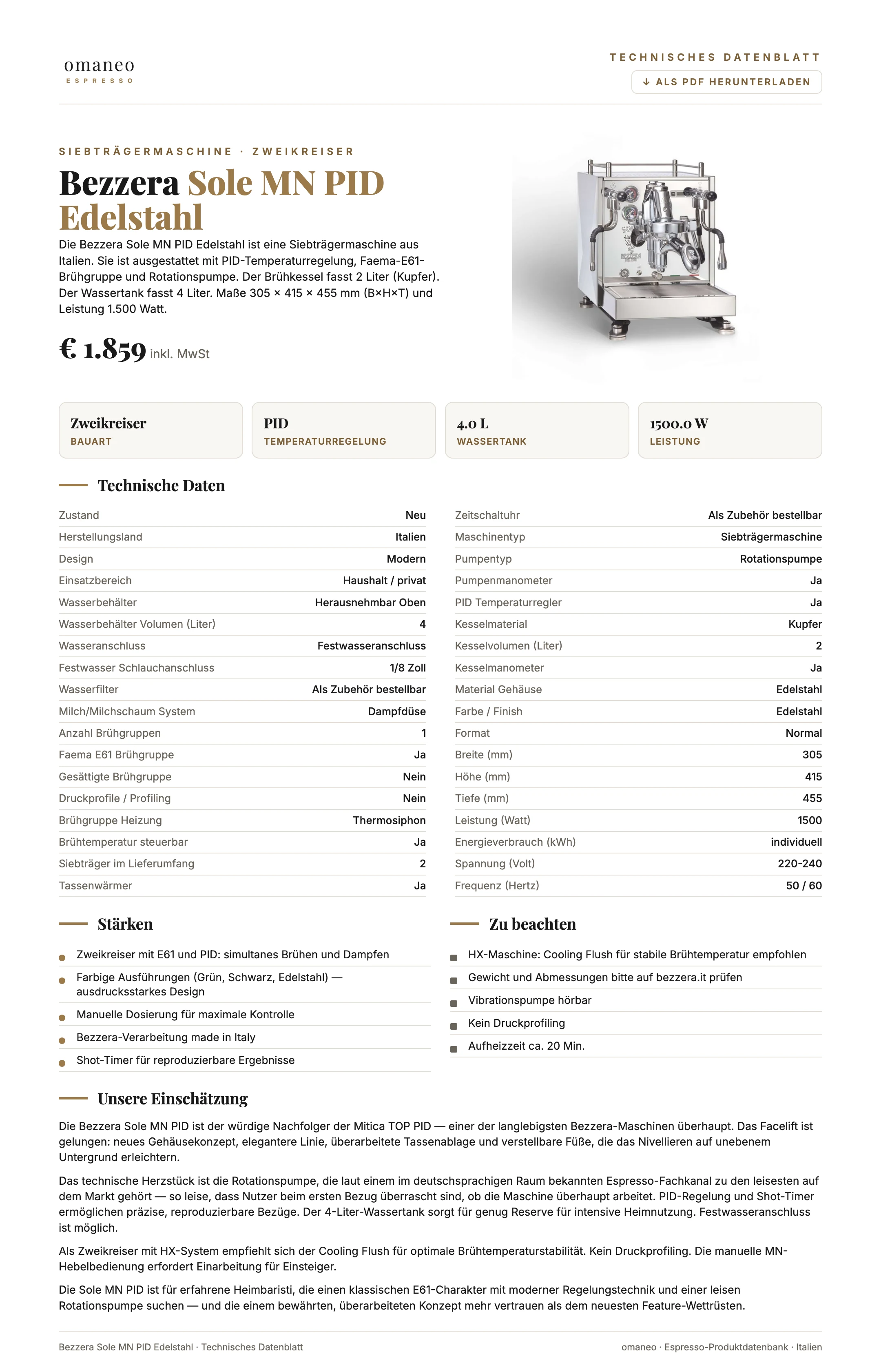 Technisches Datenblatt Sole MN PID Edelstahl