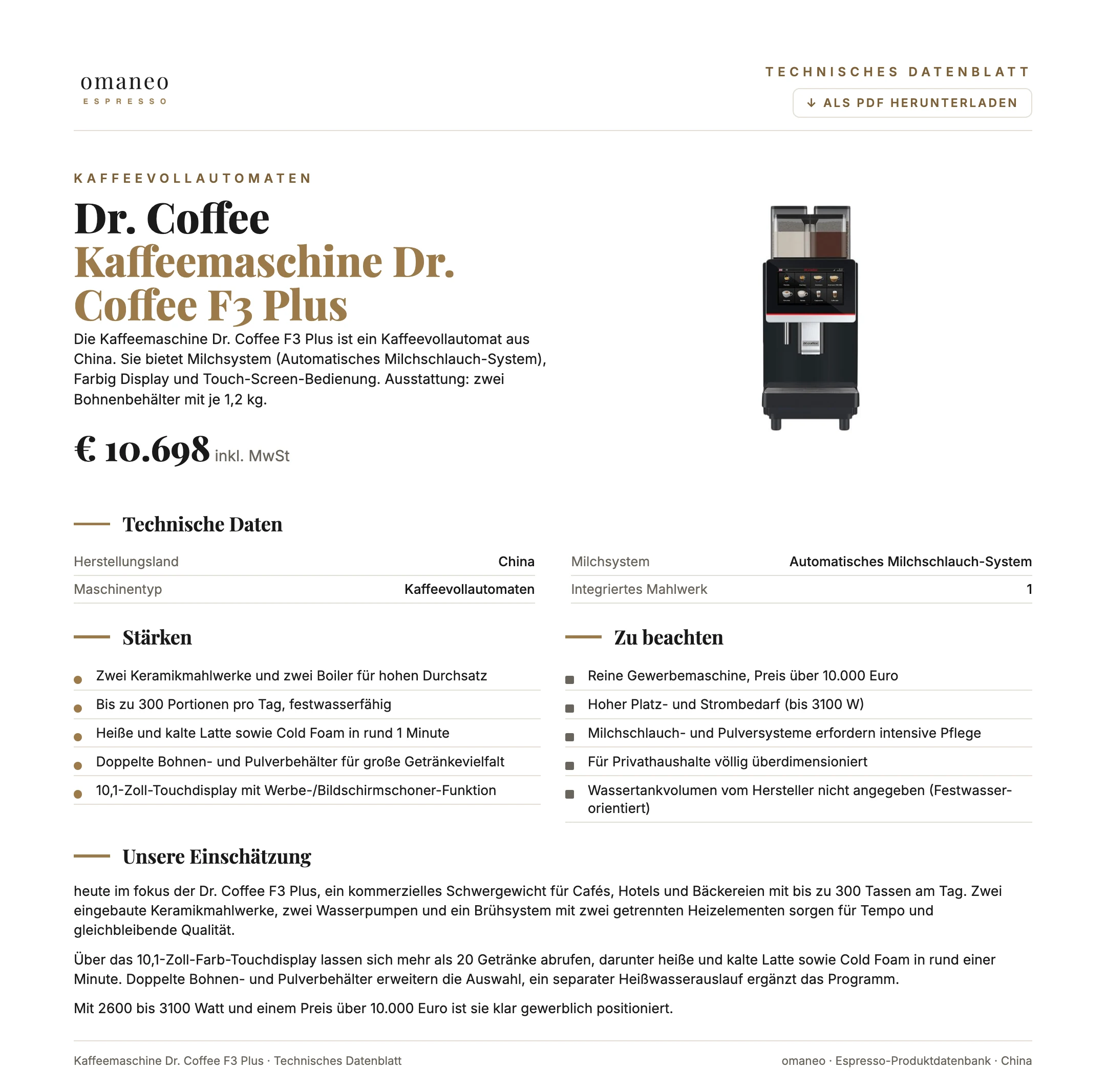 Technisches Datenblatt Kaffeemaschine F3 Plus