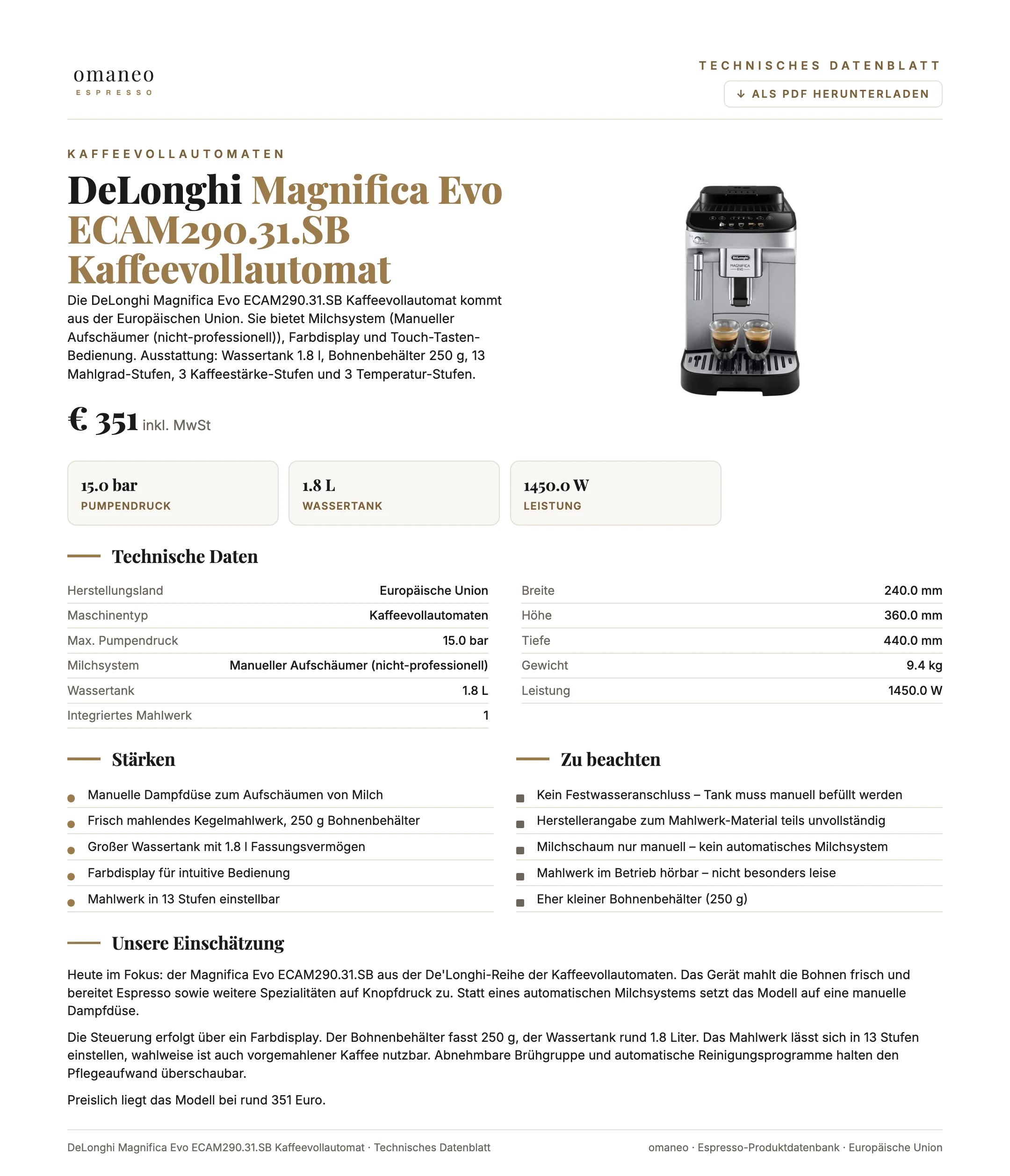 Technisches Datenblatt Magnifica Evo ECAM290.31.SB Kaffeevollautomat