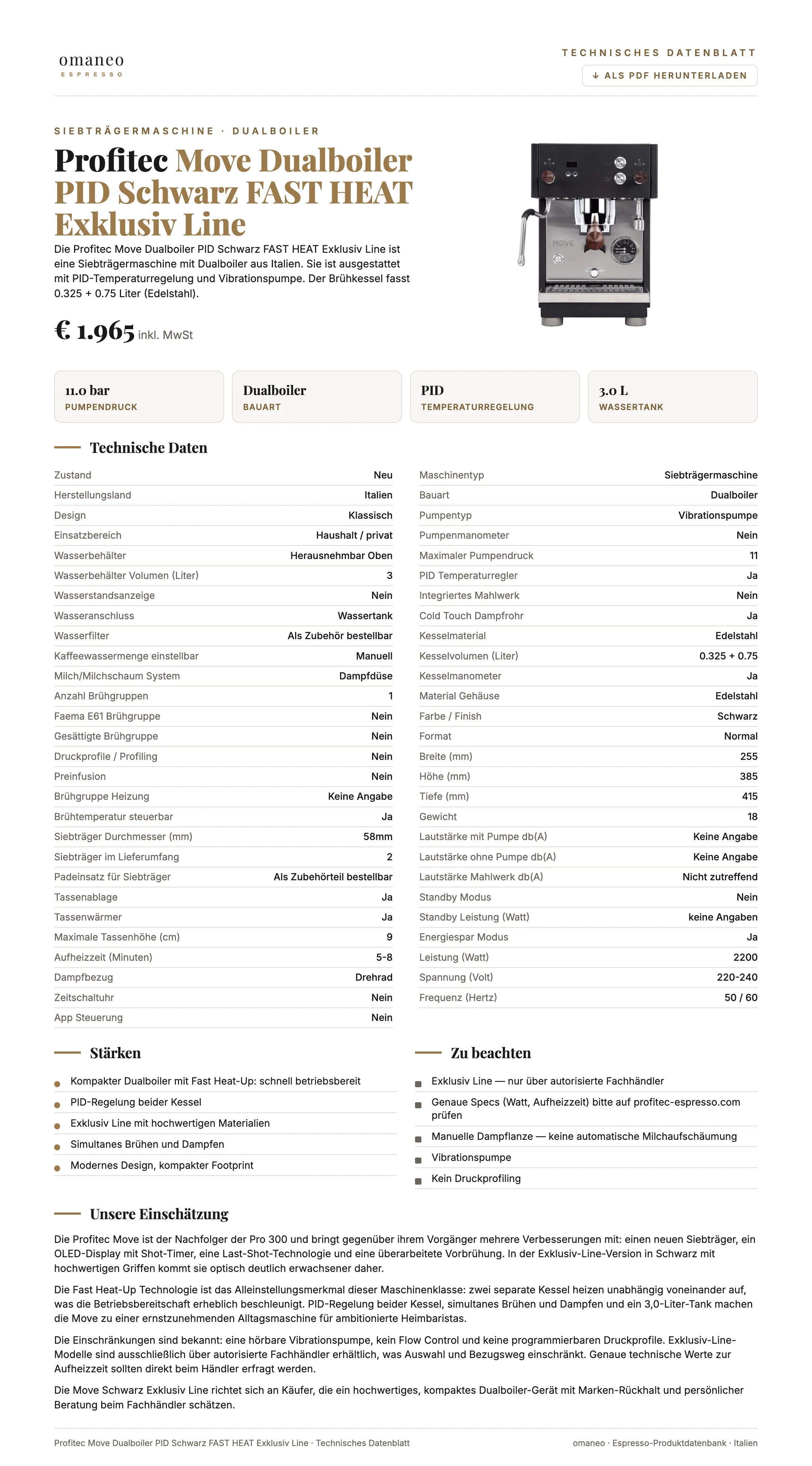 Technisches Datenblatt Move Dualboiler PID Schwarz FAST HEAT Exklusiv Line