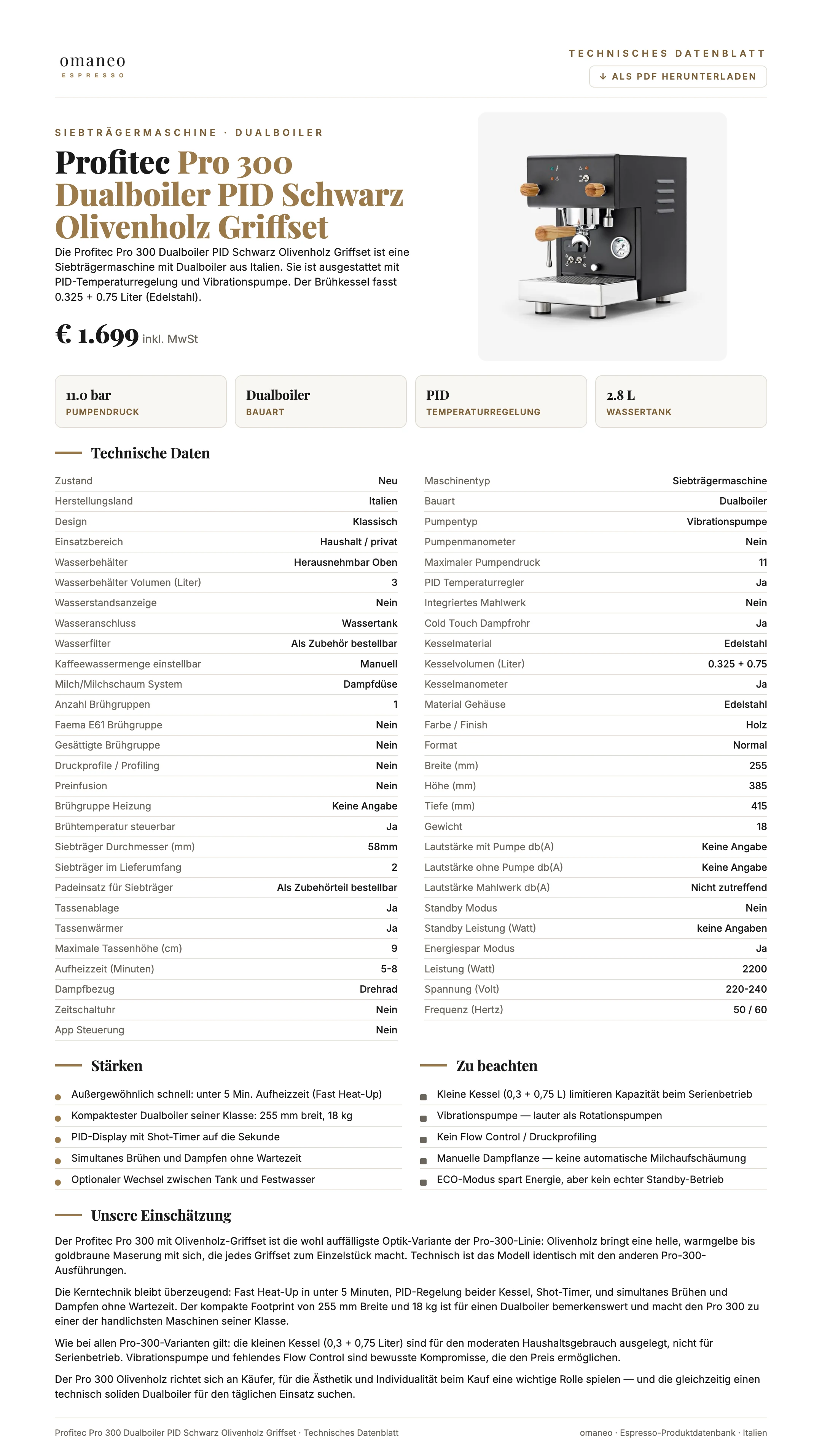 Technisches Datenblatt Pro 300 Dualboiler PID Schwarz Olivenholz Griffset