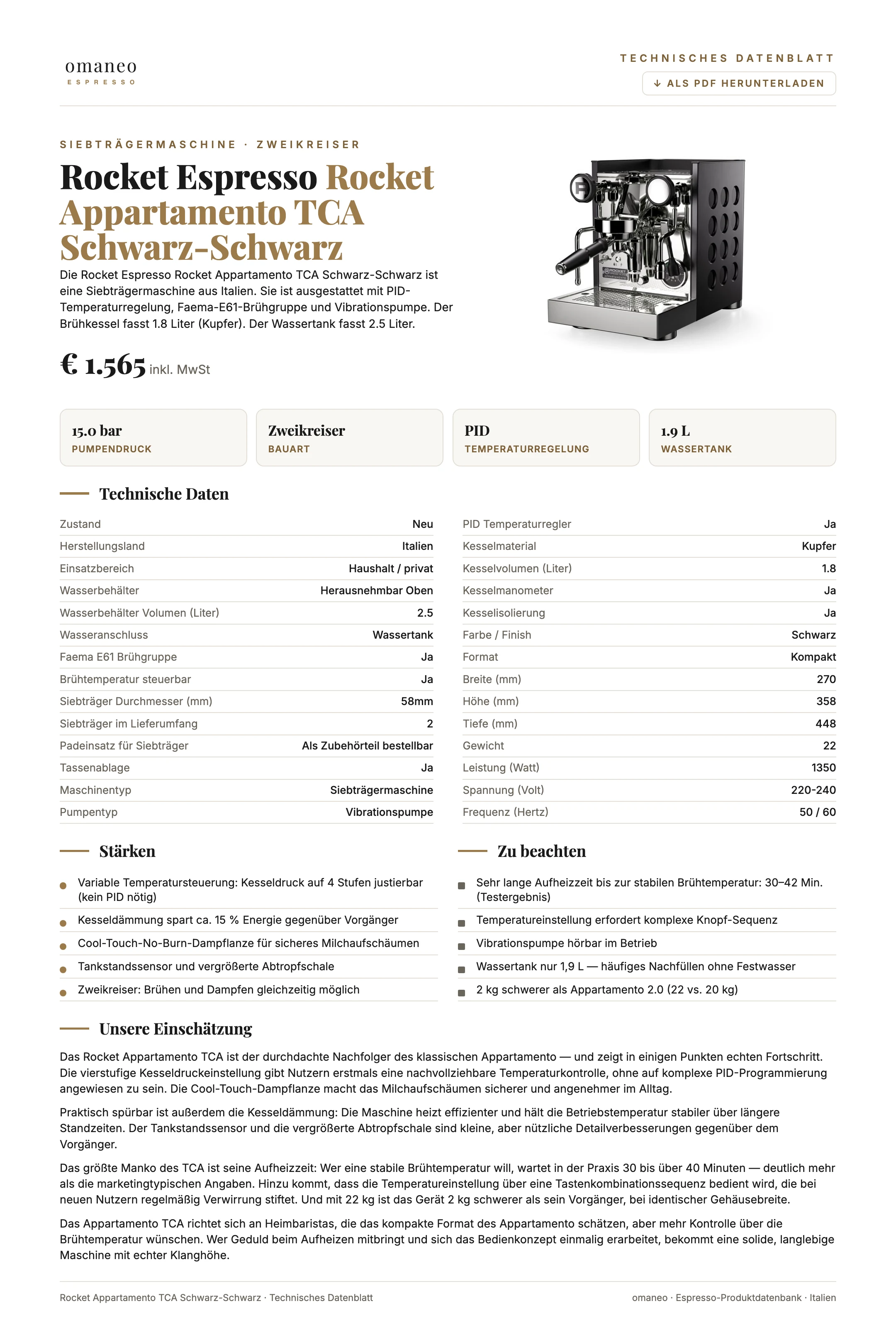 Technisches Datenblatt Rocket Appartamento TCA Schwarz-Schwarz