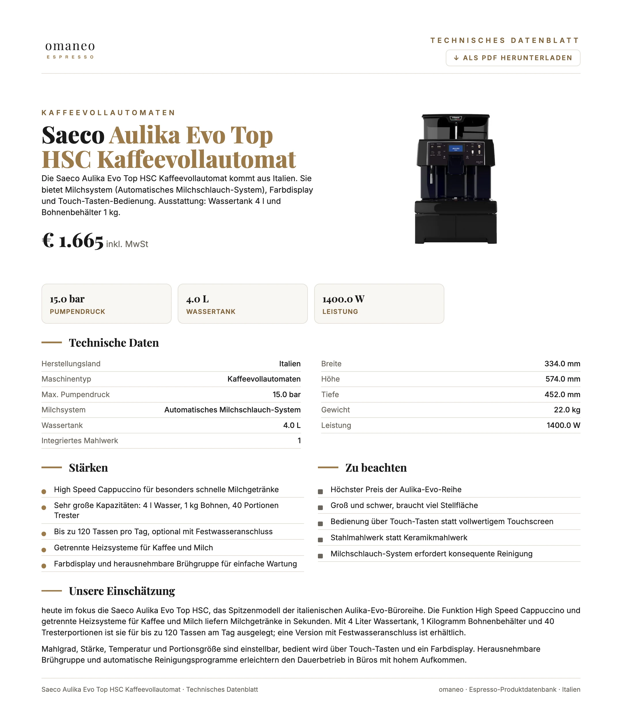 Technisches Datenblatt Aulika Evo Top HSC Kaffeevollautomat