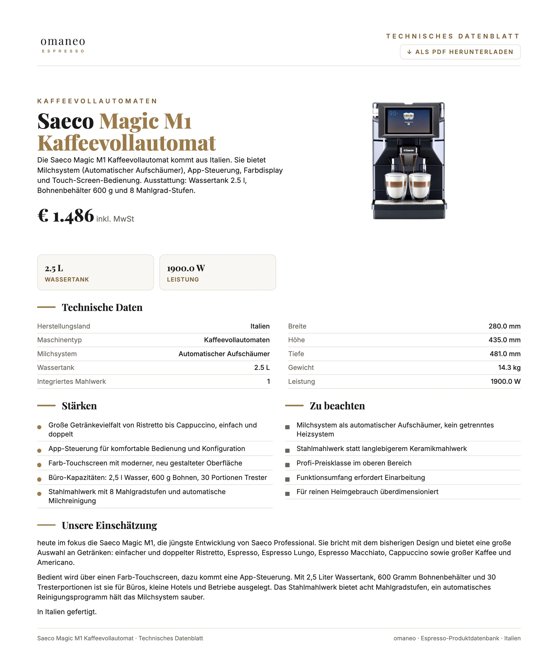 Technisches Datenblatt Magic M1 Kaffeevollautomat