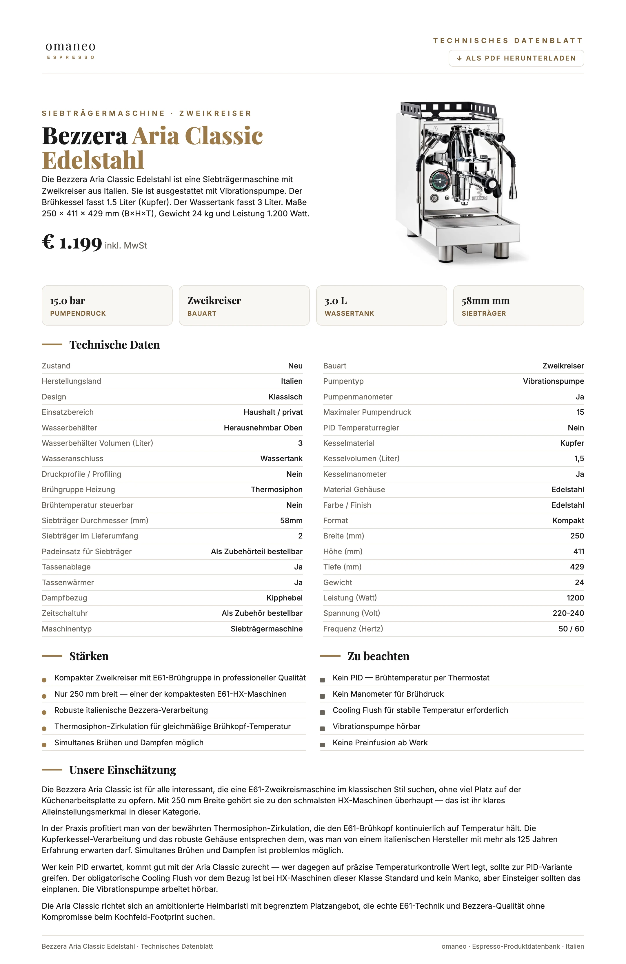 Technisches Datenblatt Aria Classic Edelstahl