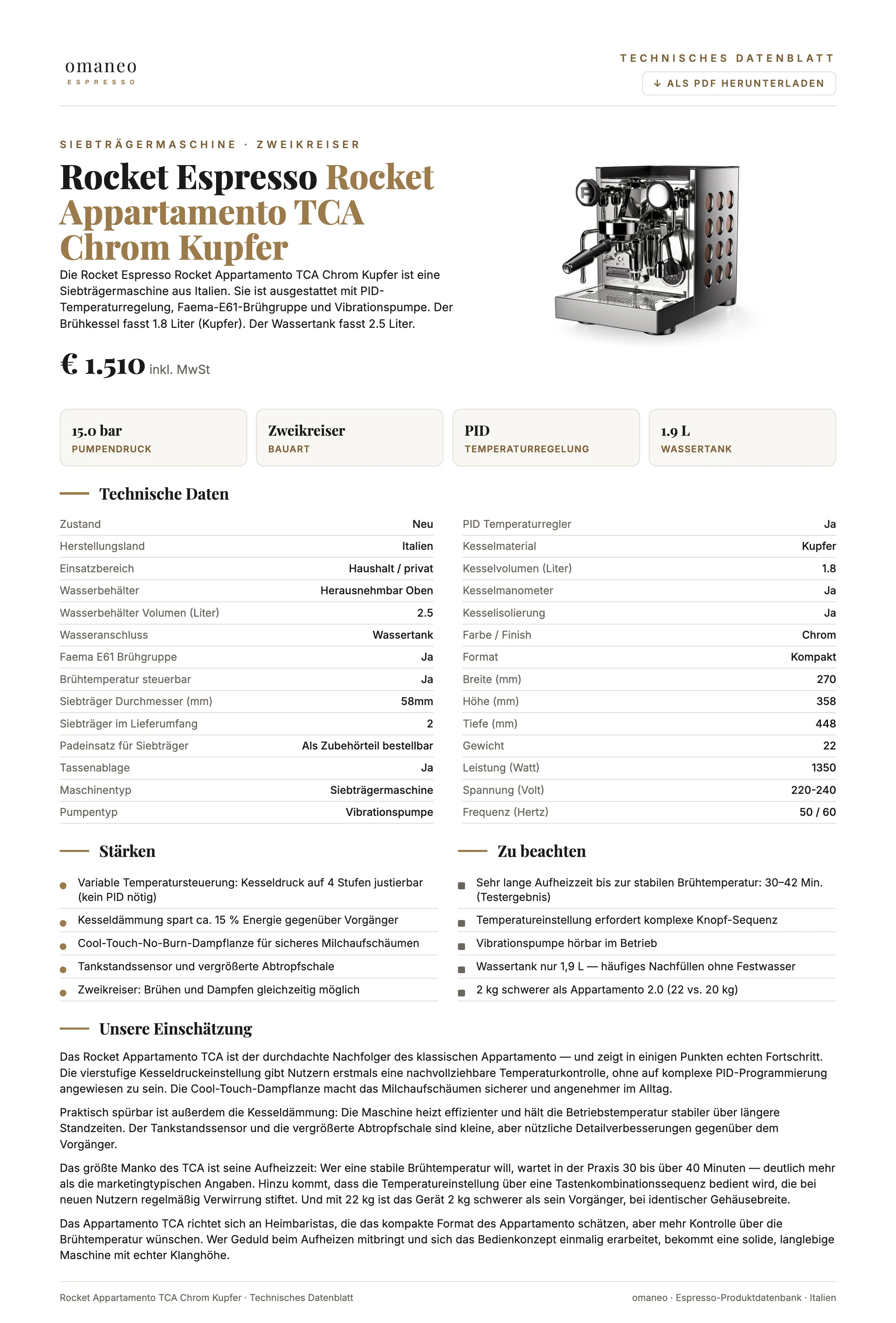 Technisches Datenblatt Rocket Appartamento TCA Chrom Kupfer