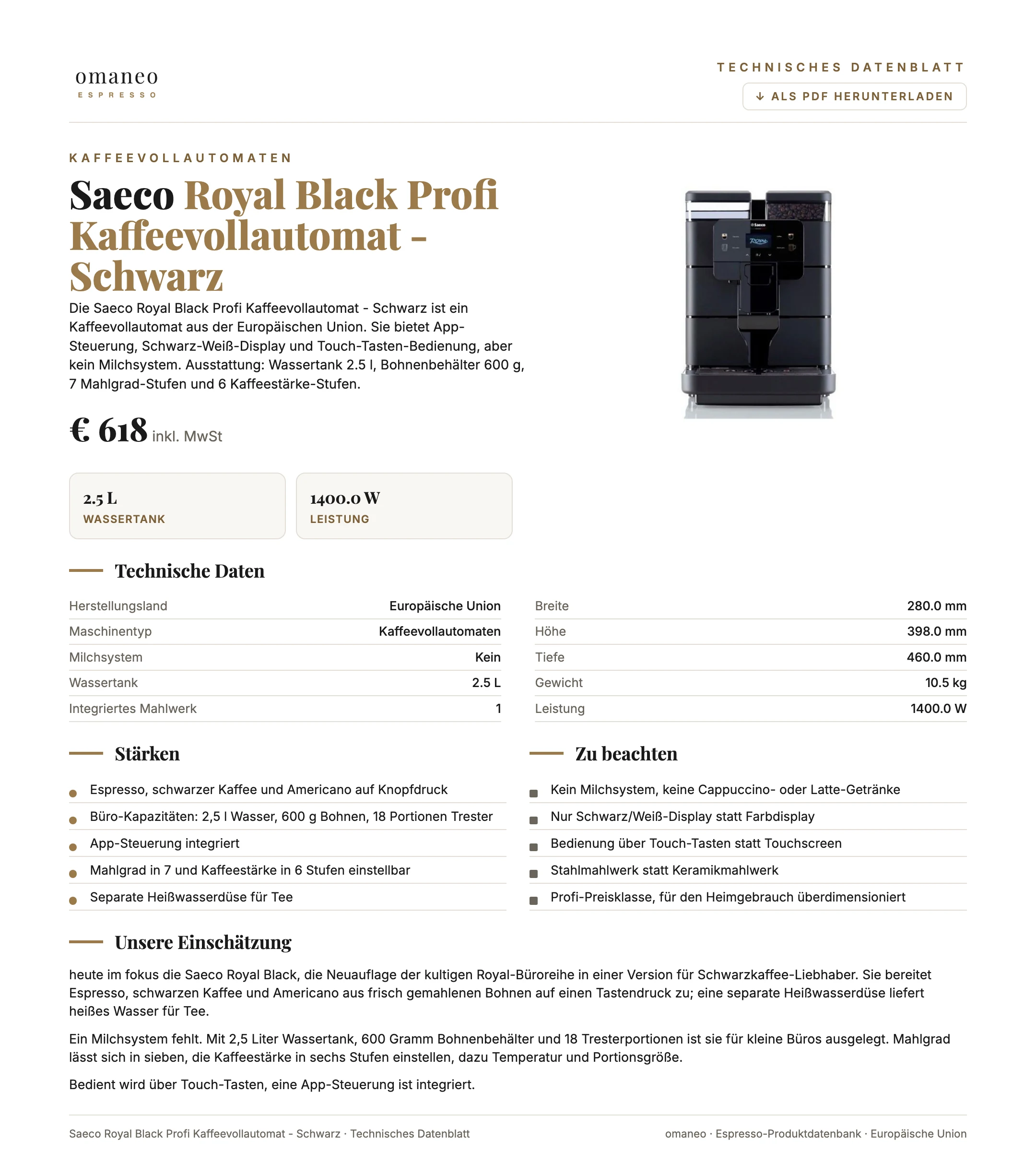Technisches Datenblatt Royal Black Profi Kaffeevollautomat - Schwarz