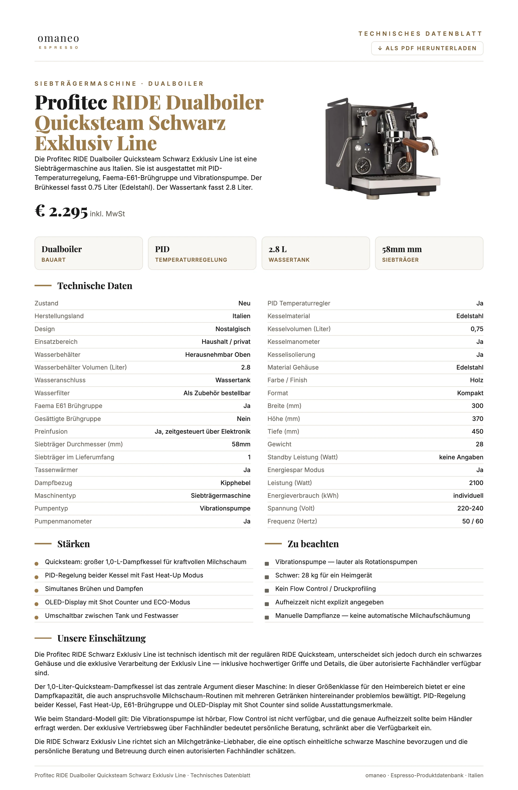 Technisches Datenblatt RIDE Dualboiler Quicksteam Schwarz Exklusiv Line