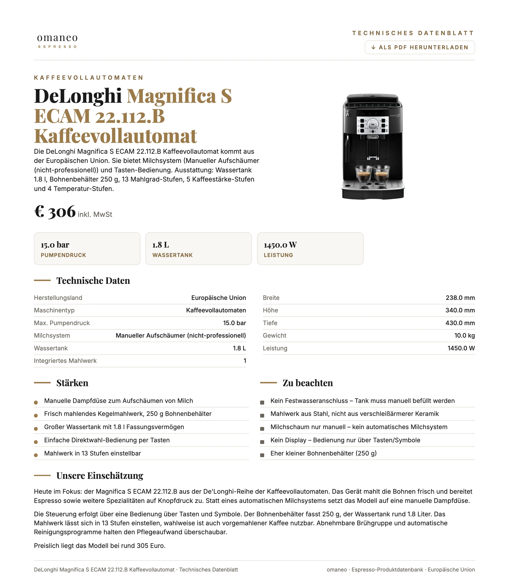 Technisches Datenblatt Magnifica S ECAM 22.112.B Kaffeevollautomat