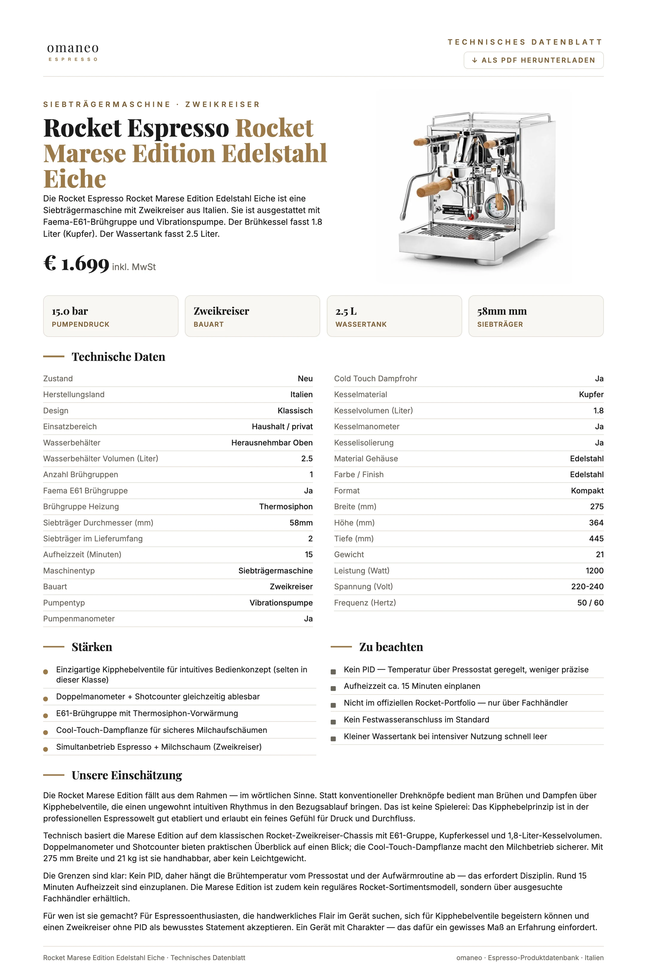 Technisches Datenblatt Rocket Marese Edition Edelstahl Eiche