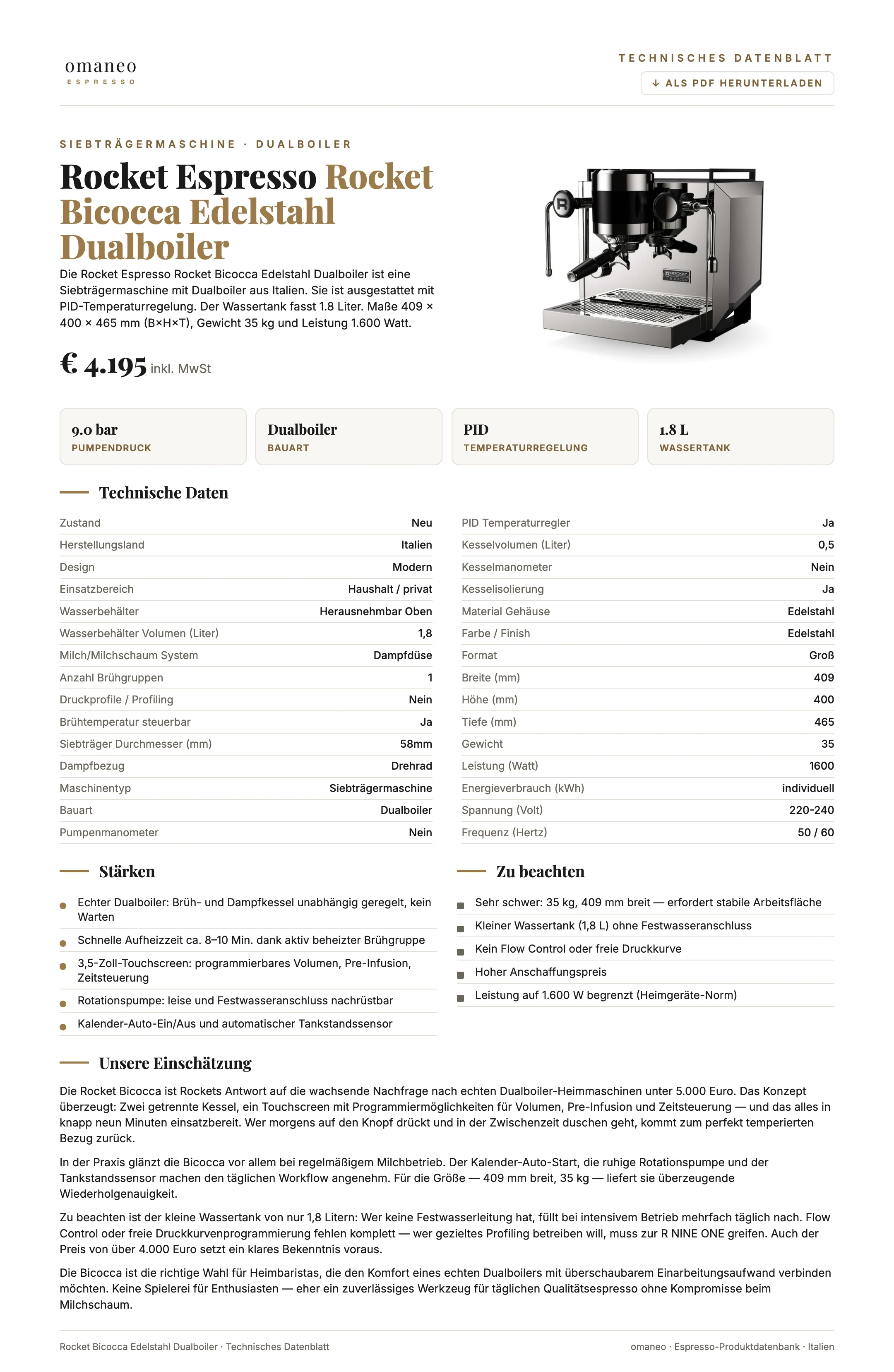 Technisches Datenblatt Rocket Bicocca Edelstahl Dualboiler