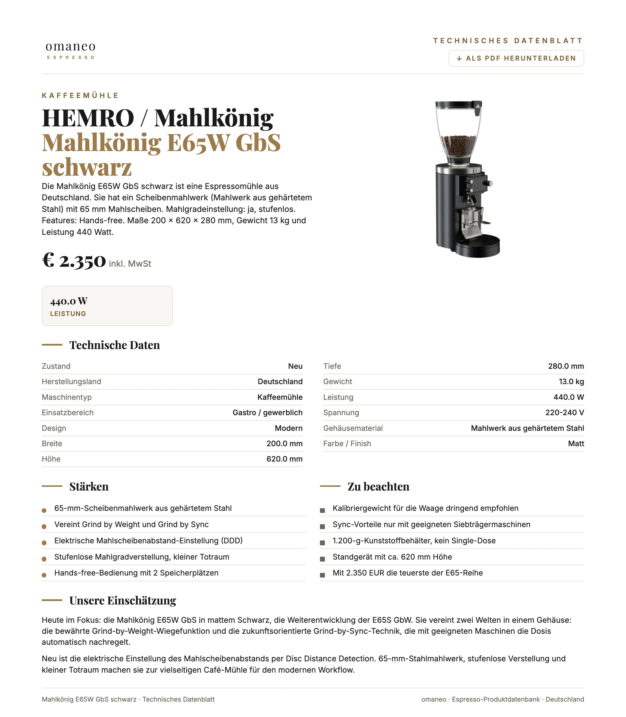 Technisches Datenblatt Mahlkönig E65W GbS schwarz