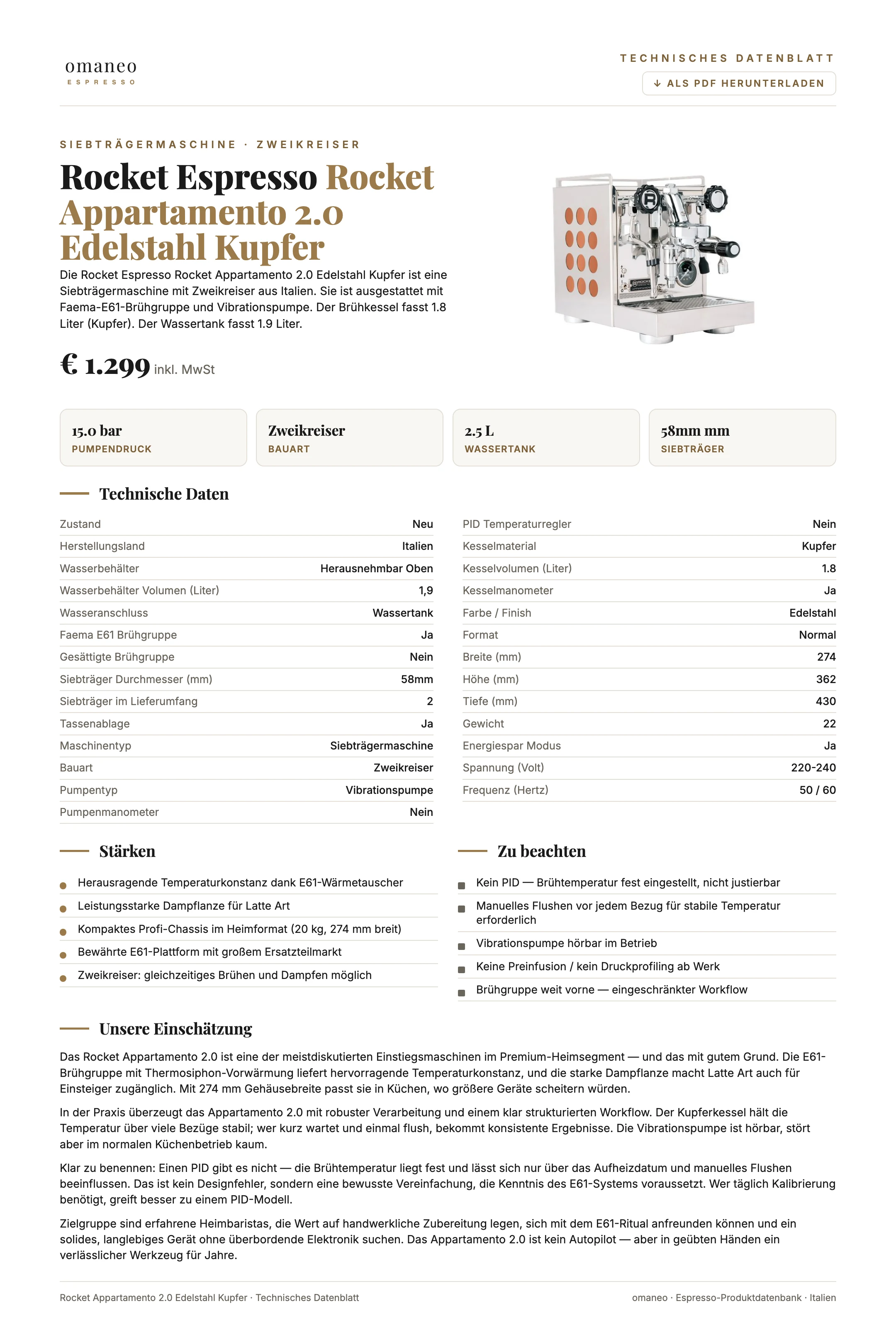 Technisches Datenblatt Rocket Appartamento 2.0 Edelstahl Kupfer