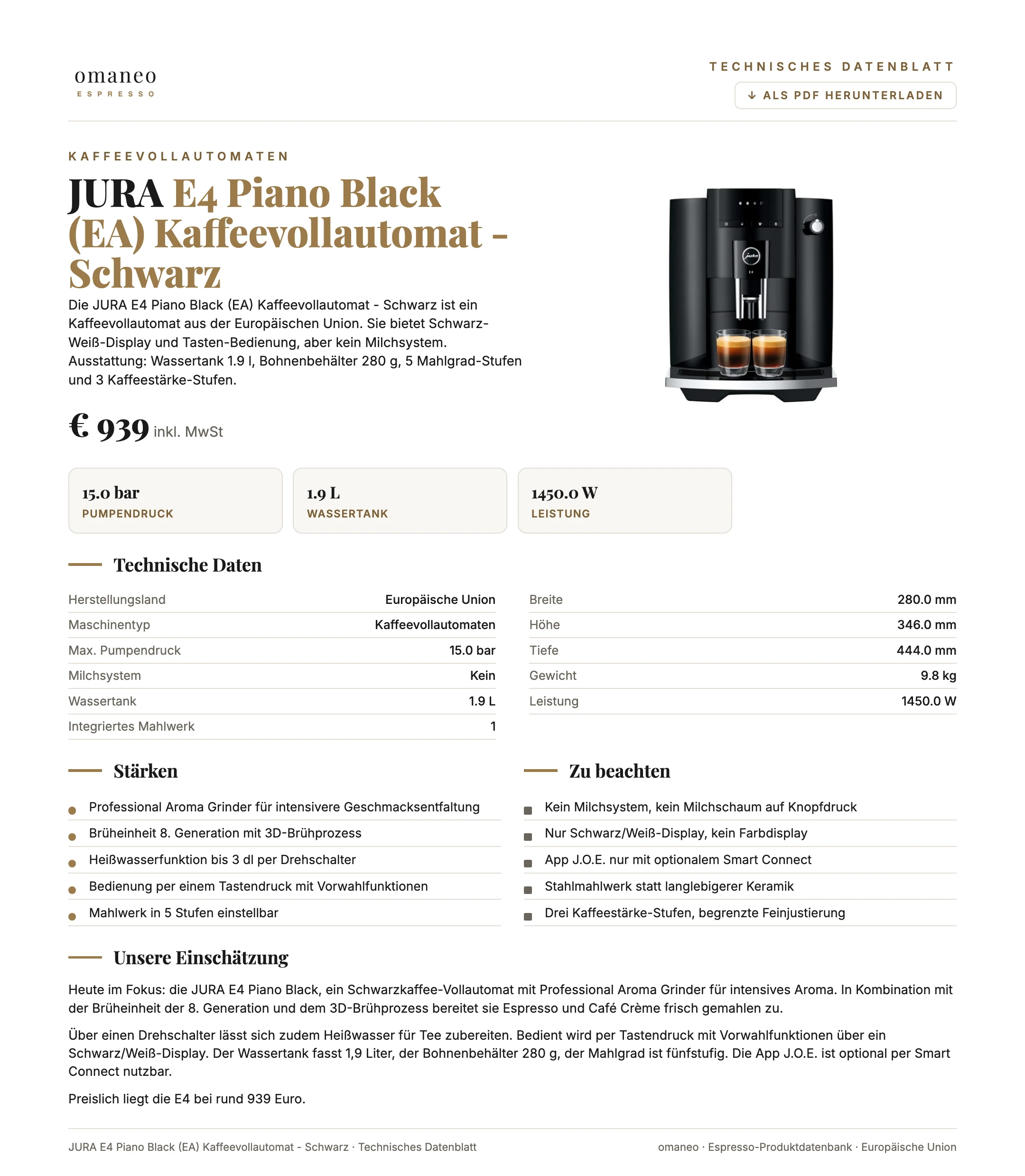 Technisches Datenblatt E4 Piano Black (EA) Kaffeevollautomat - Schwarz