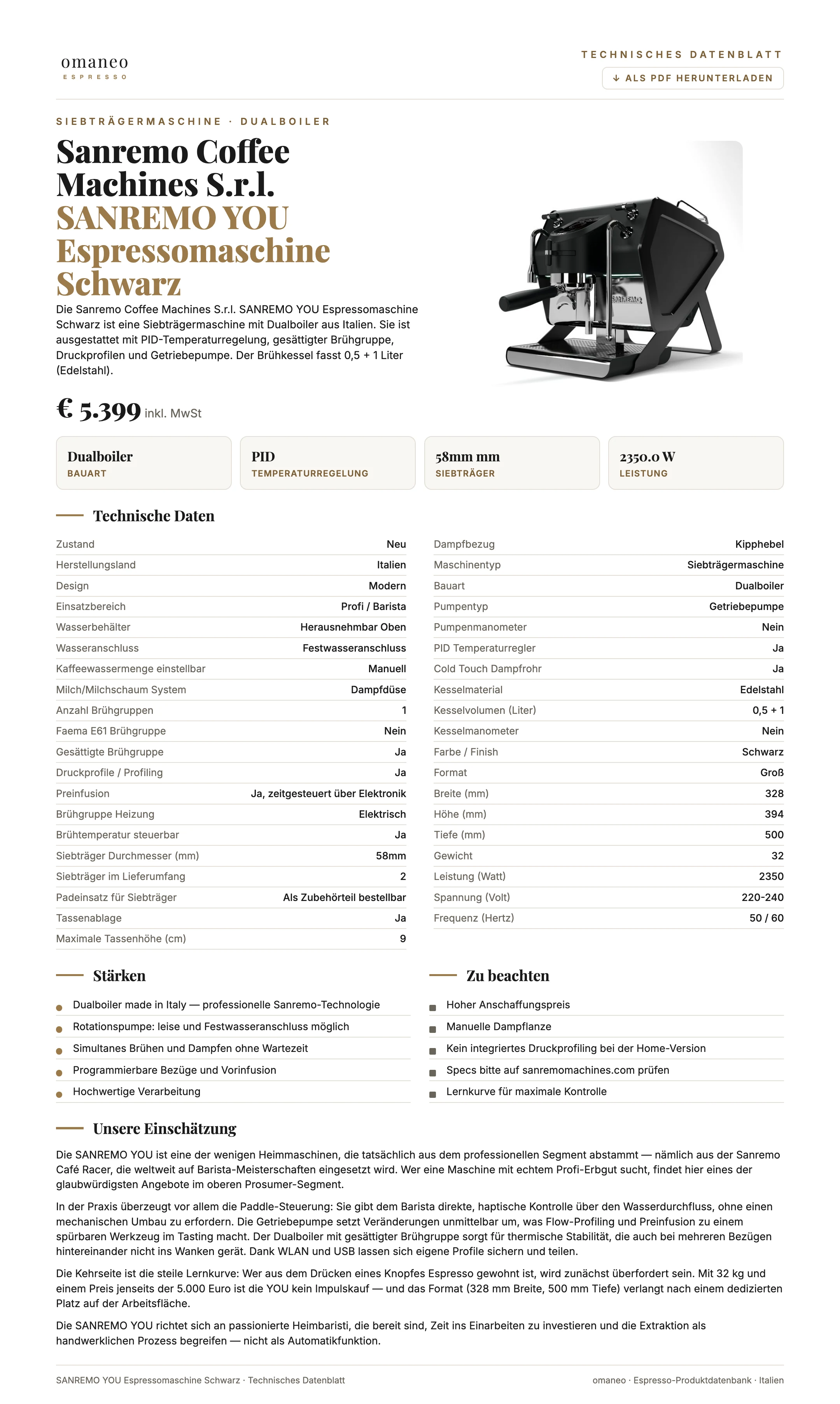 Technisches Datenblatt SANREMO YOU Espressomaschine Schwarz