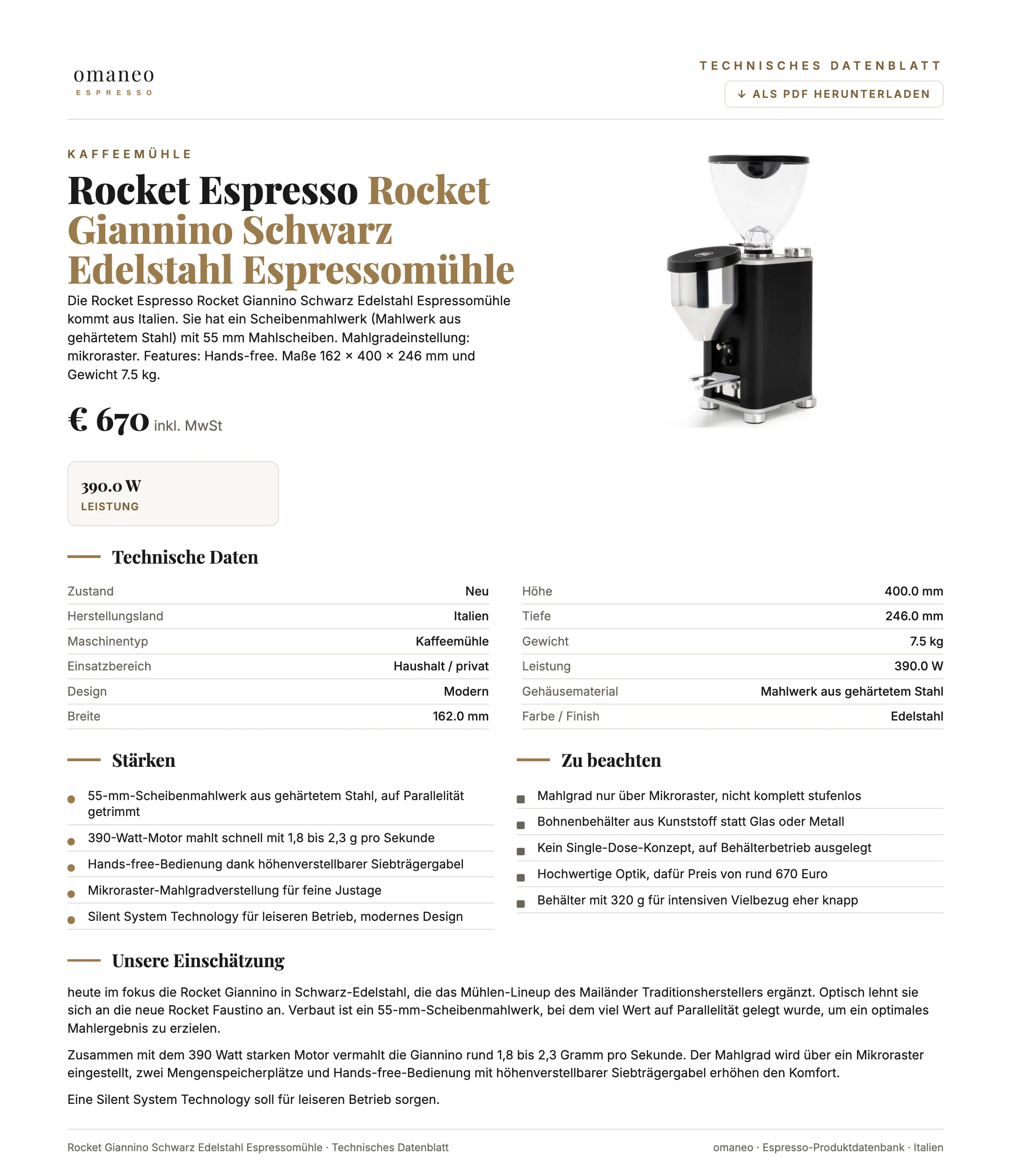 Technisches Datenblatt Rocket Giannino Schwarz Edelstahl Espressomühle