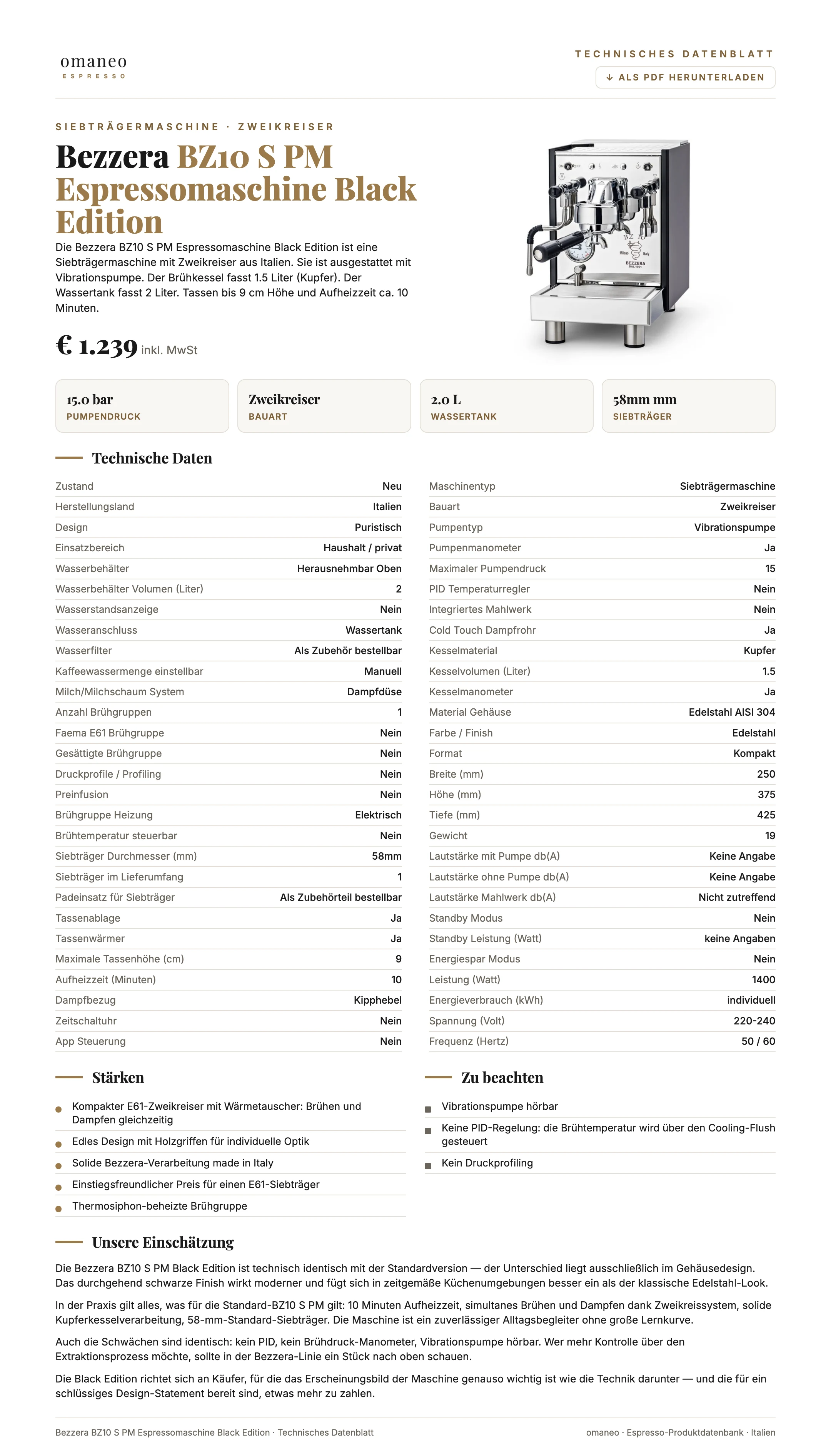 Technisches Datenblatt BZ10 S PM Espressomaschine Black Edition