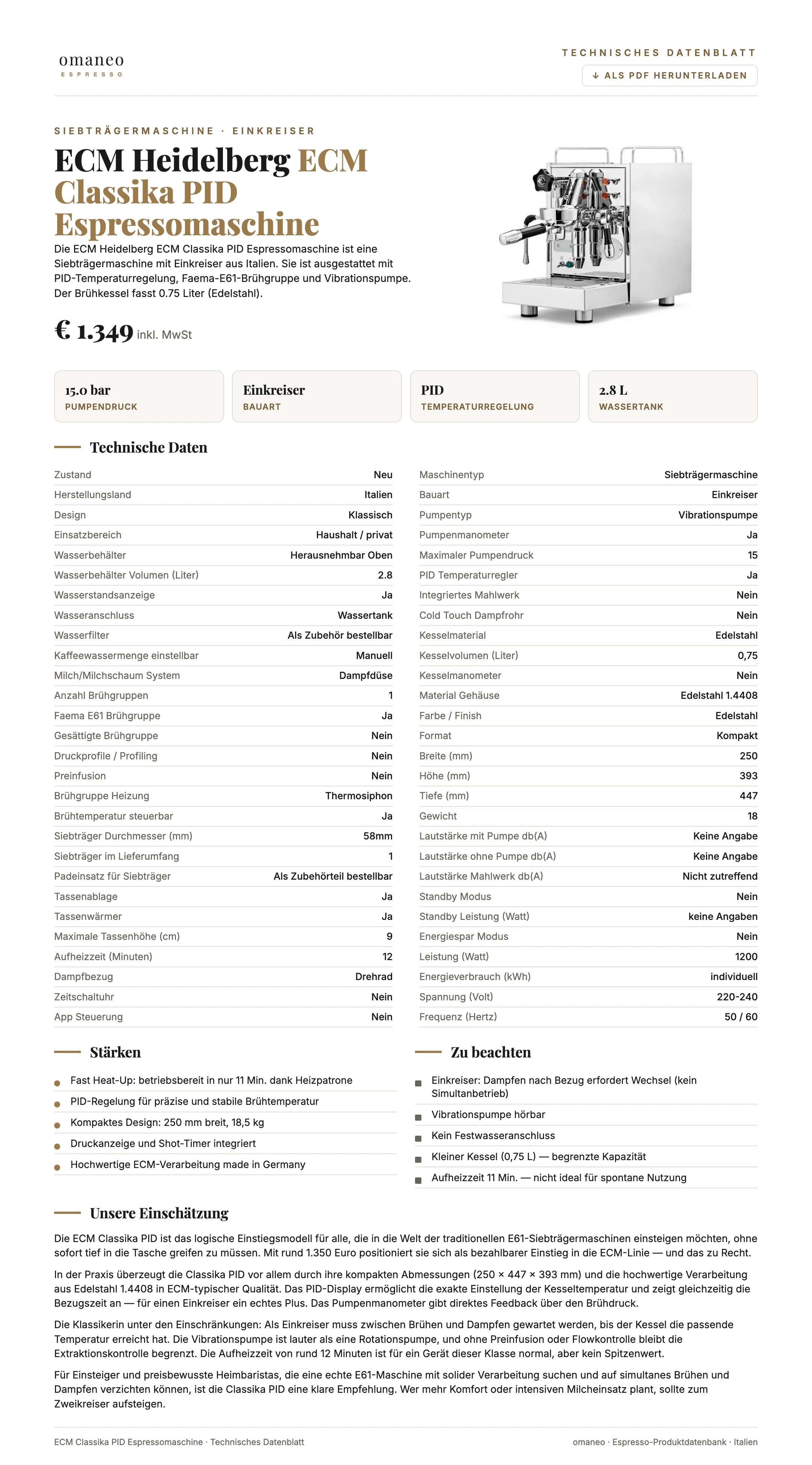 Technisches Datenblatt ECM Classika PID Espressomaschine