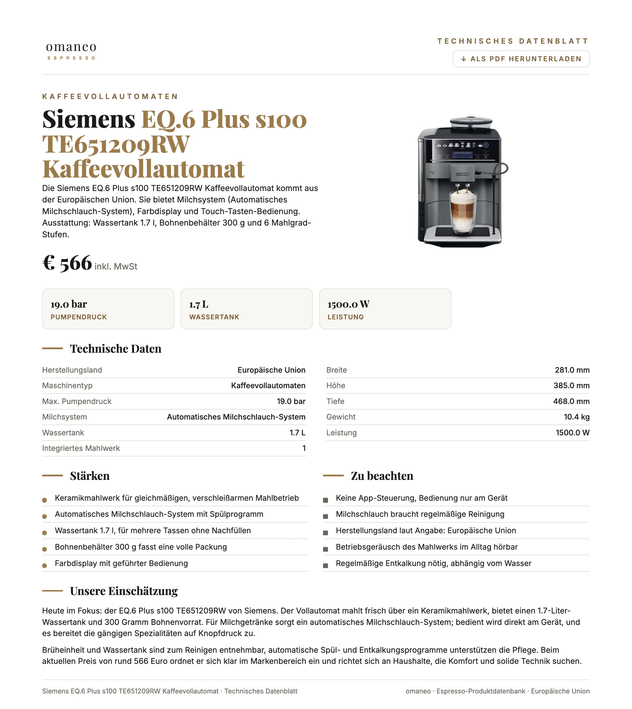 Technisches Datenblatt EQ.6 Plus s100 TE651209RW Kaffeevollautomat