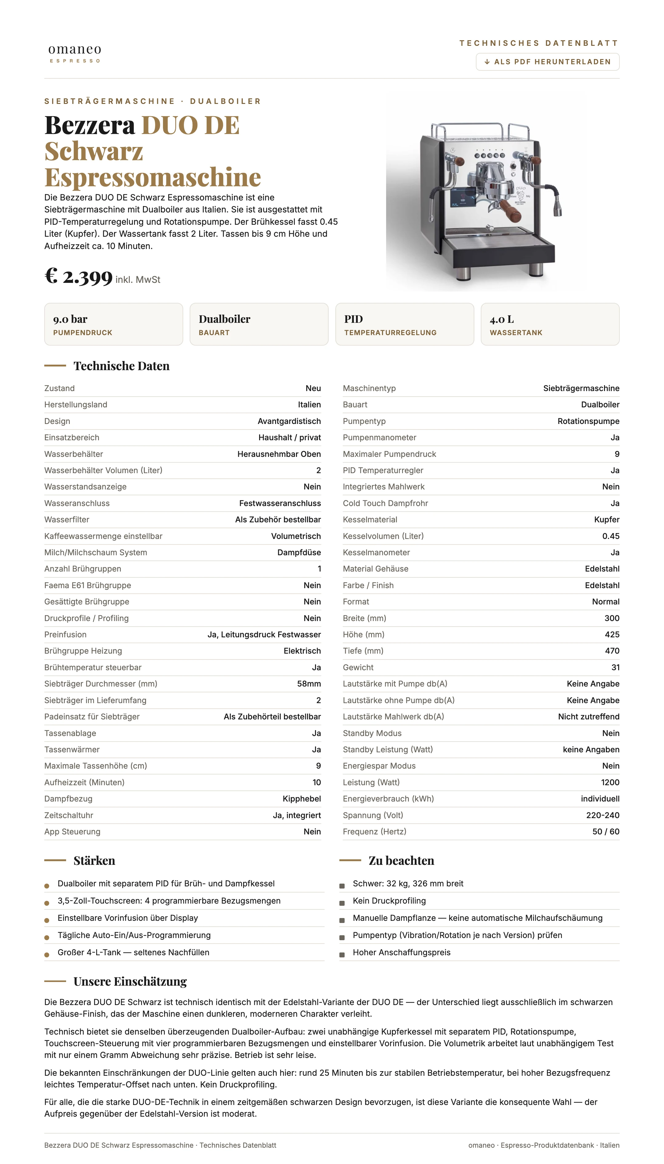 Technisches Datenblatt DUO DE Schwarz Espressomaschine