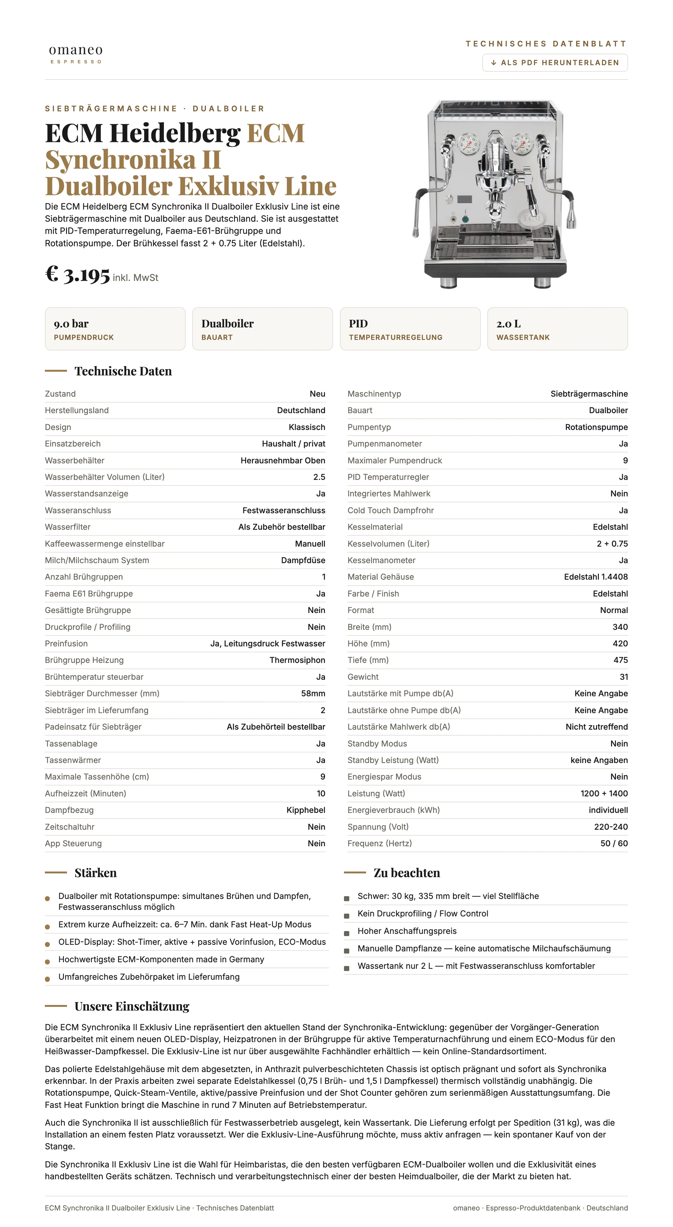 Technisches Datenblatt ECM Synchronika II Dualboiler  Exklusiv Line