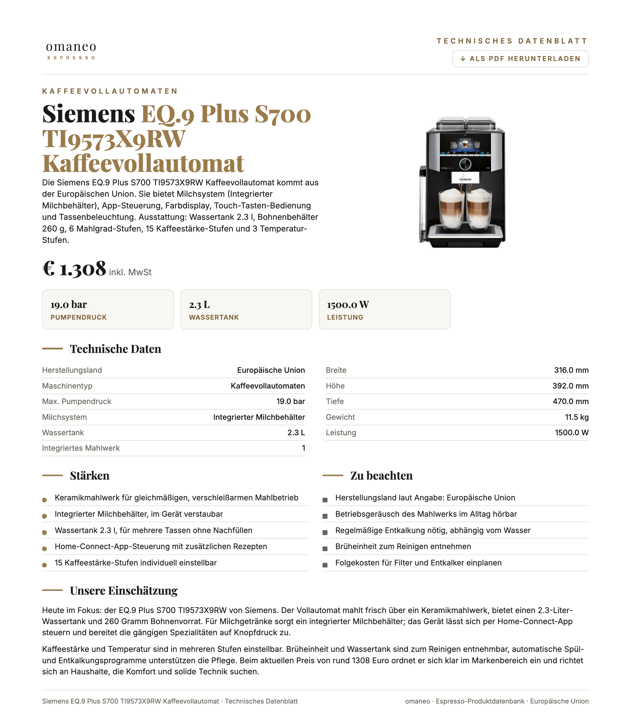 Technisches Datenblatt EQ.9 Plus S700 TI9573X9RW Kaffeevollautomat