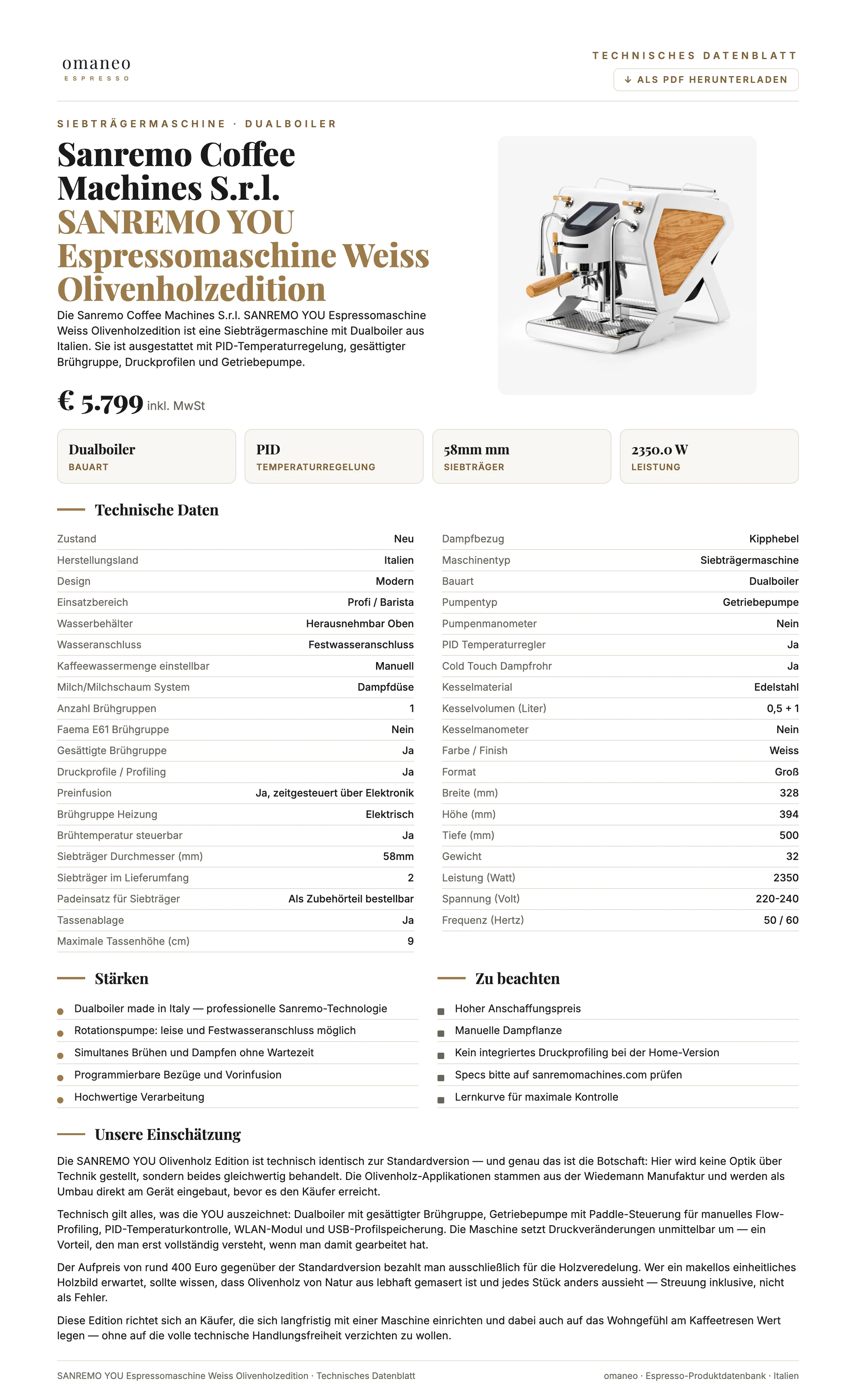 Technisches Datenblatt SANREMO YOU Espressomaschine Weiss Olivenholzedition