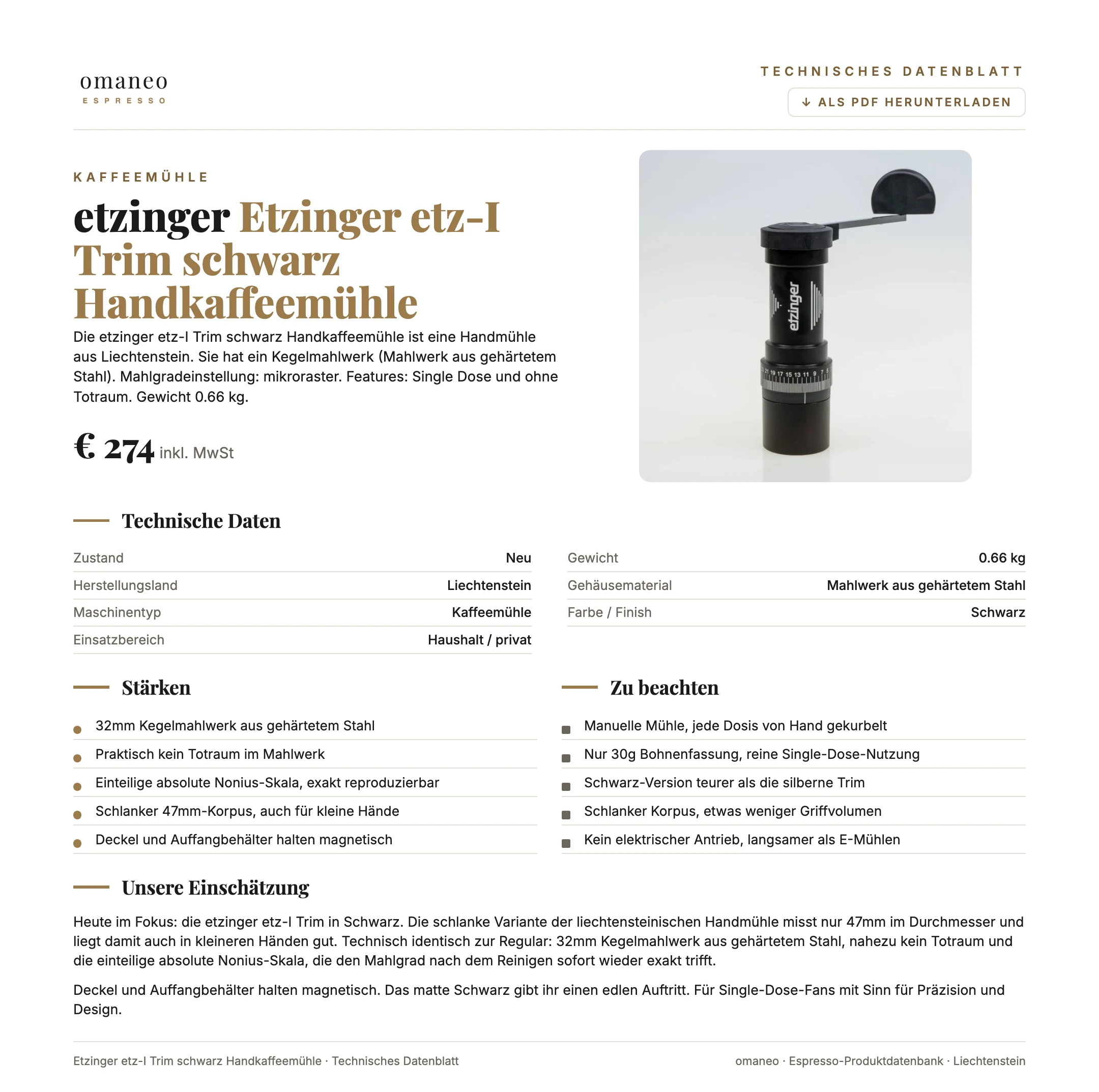 Technisches Datenblatt etz-I Trim schwarz Handkaffeemühle