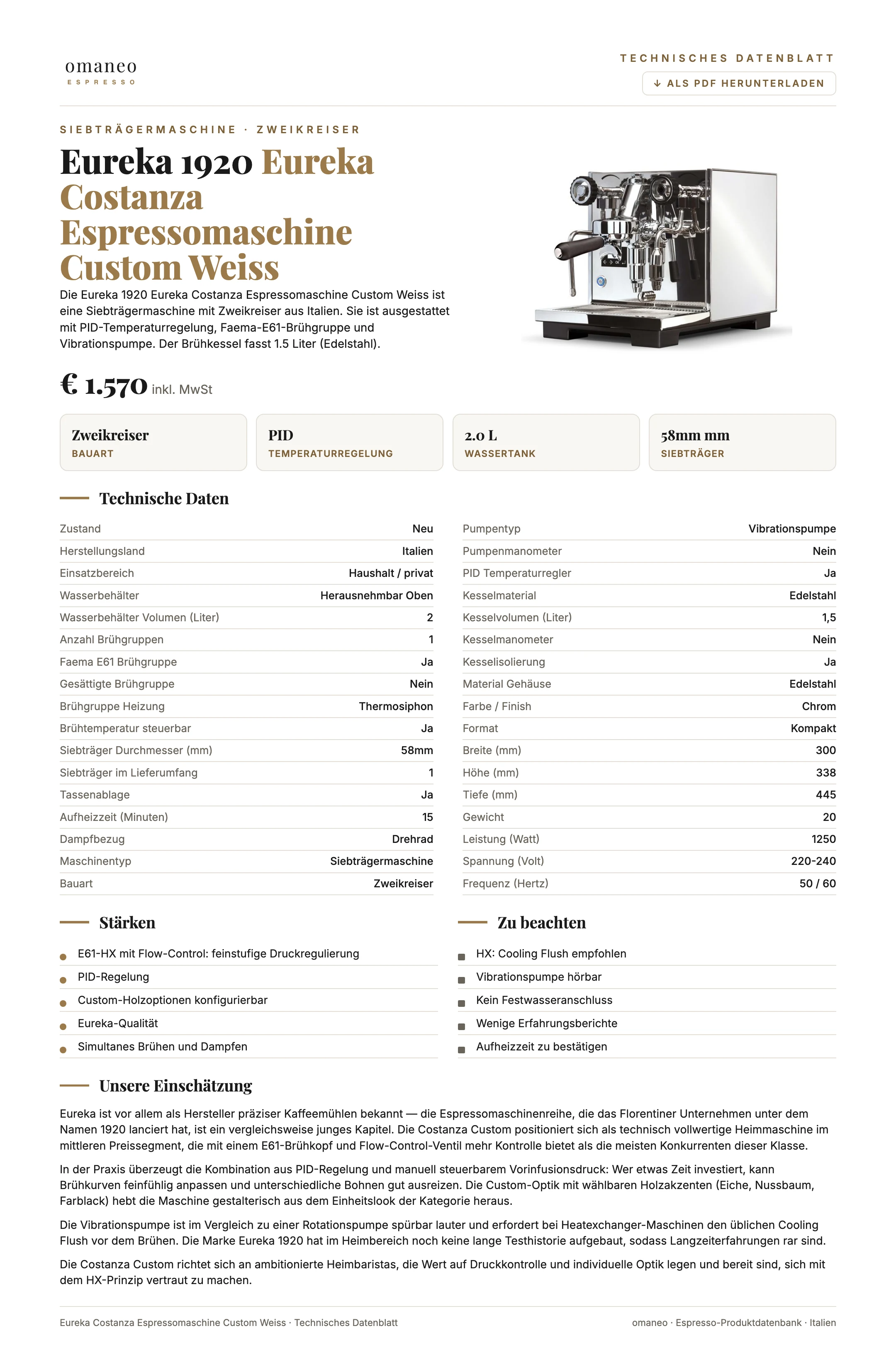 Technisches Datenblatt Eureka Costanza Espressomaschine Custom Weiss