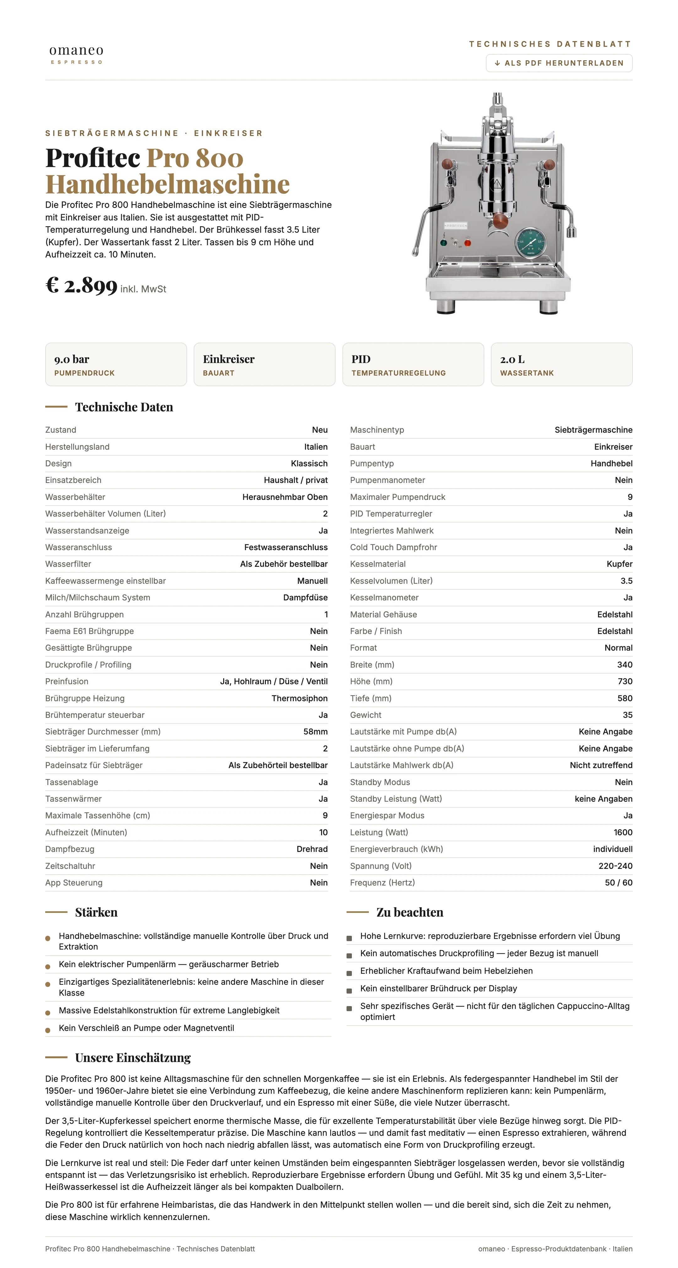 Technisches Datenblatt Pro 800 Handhebelmaschine