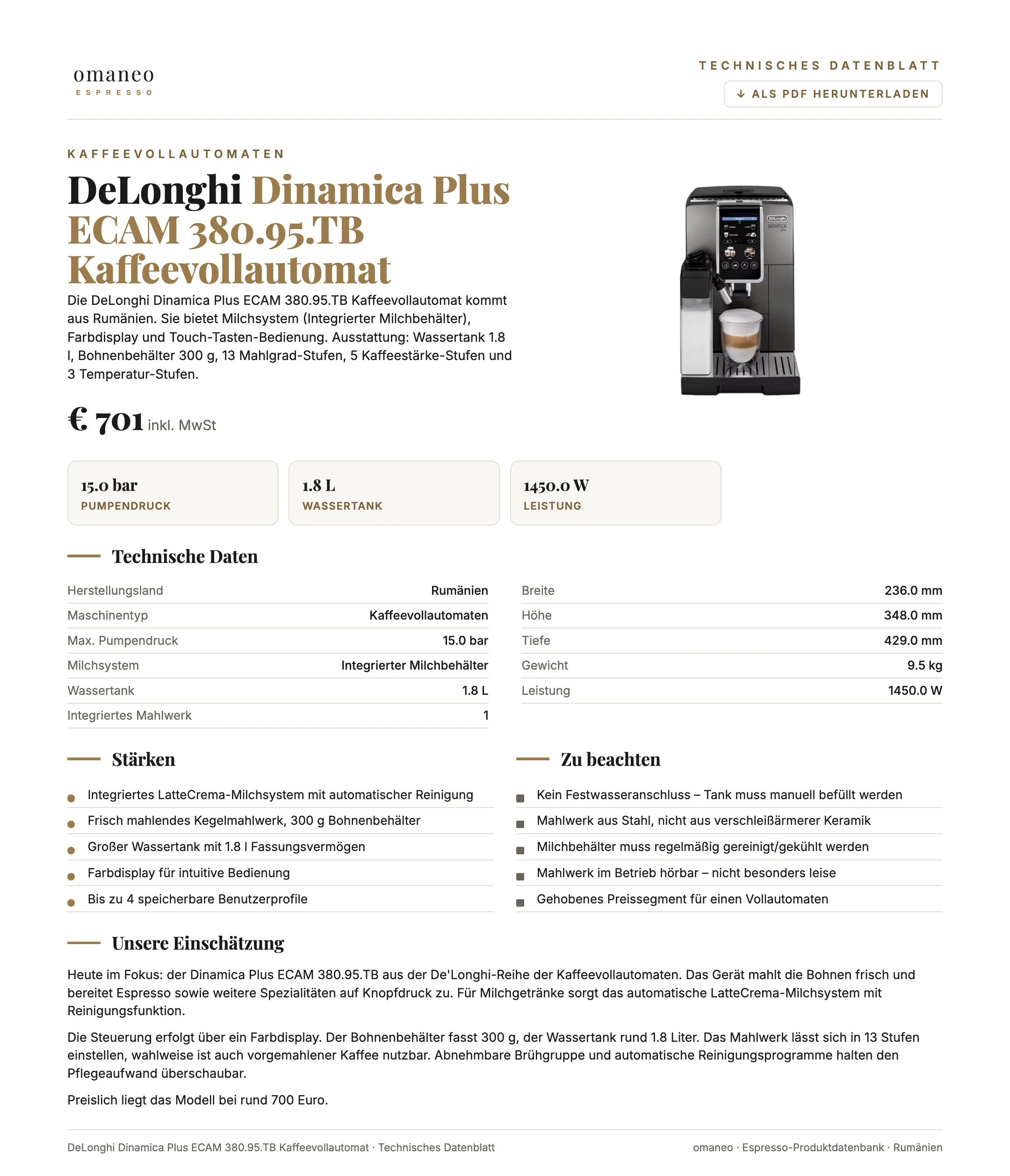 Technisches Datenblatt Dinamica Plus ECAM 380.95.TB Kaffeevollautomat