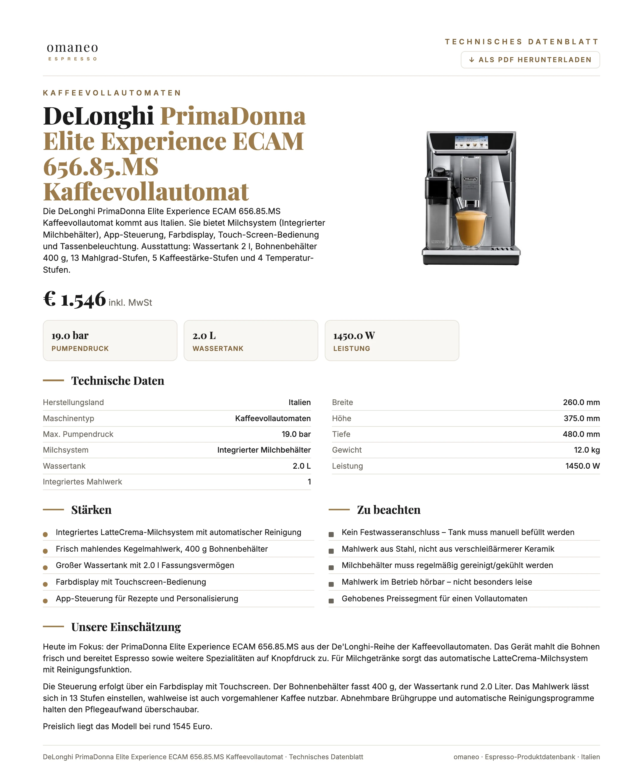 Technisches Datenblatt PrimaDonna Elite Experience ECAM 656.85.MS Kaffeevollautomat