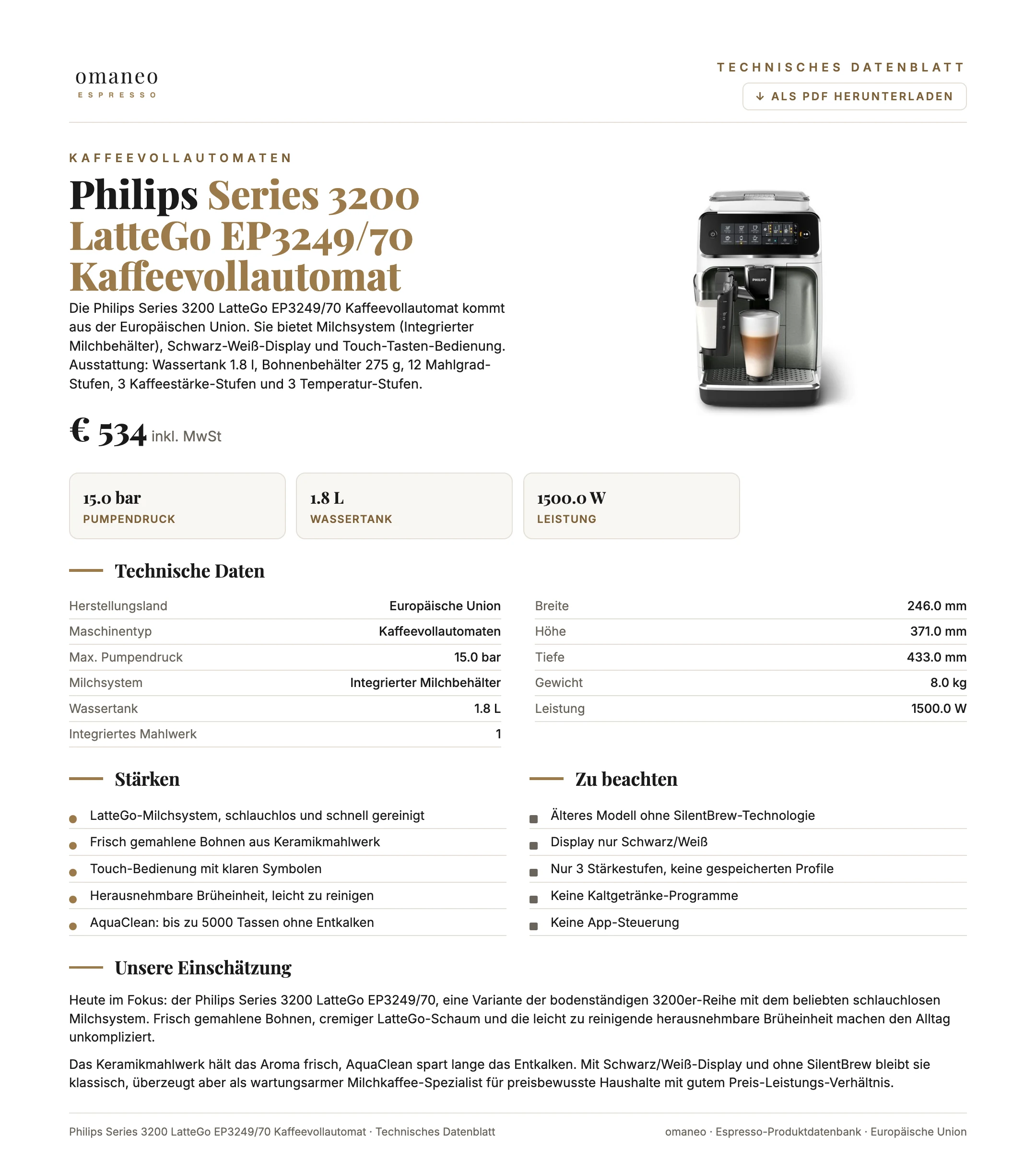 Technisches Datenblatt Series 3200 LatteGo EP3249/70 Kaffeevollautomat