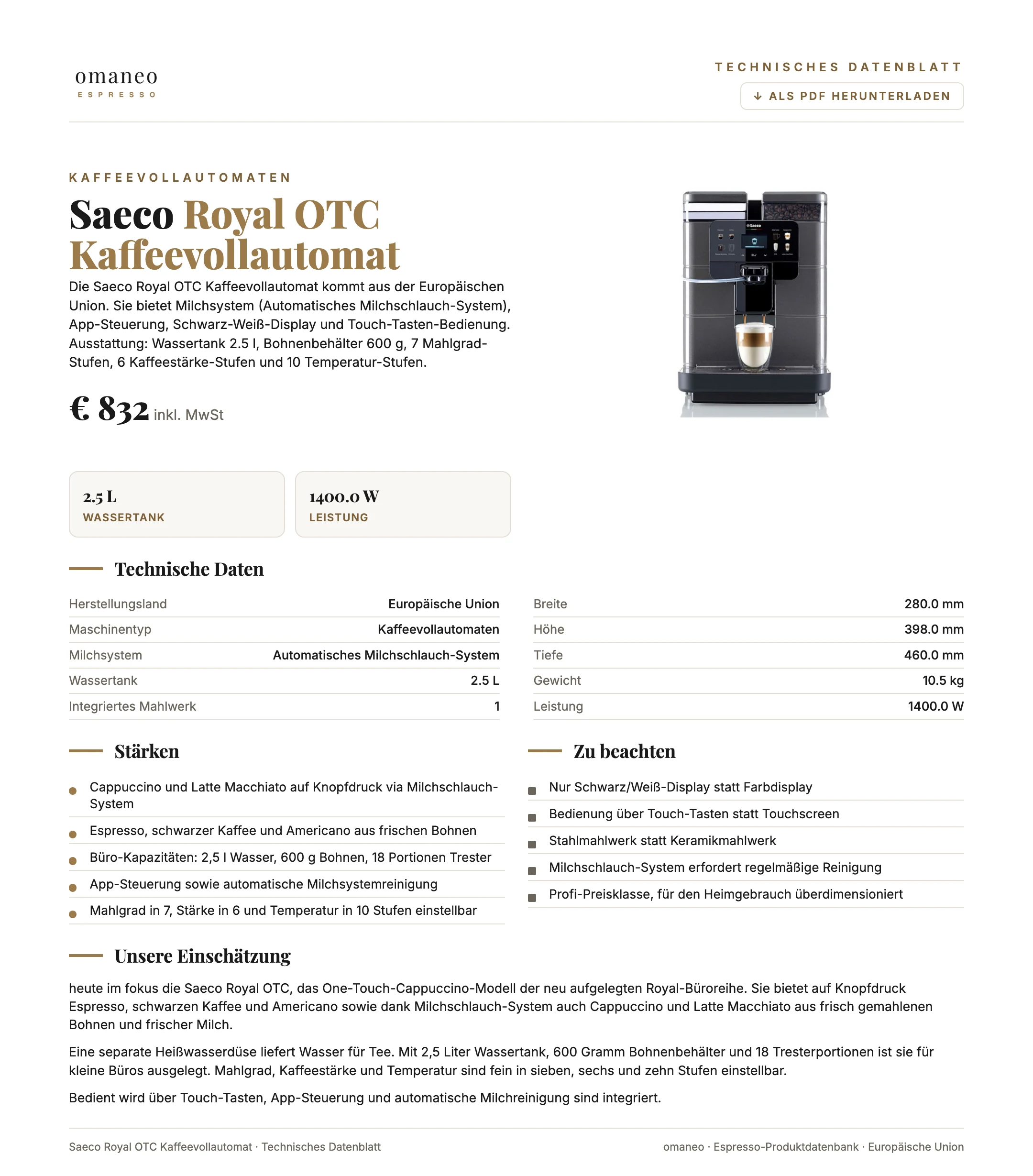 Technisches Datenblatt Royal OTC Kaffeevollautomat