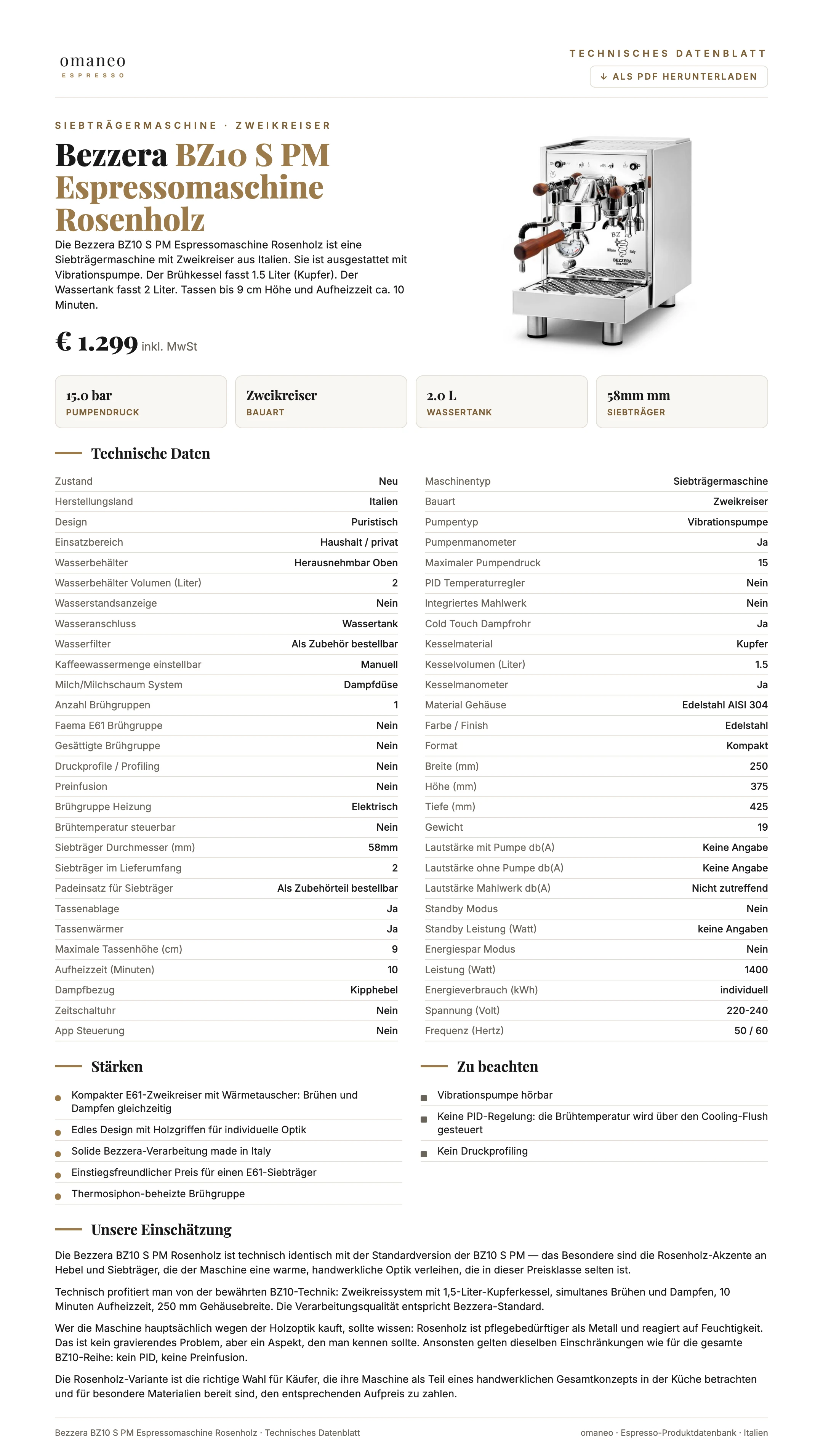 Technisches Datenblatt BZ10 S PM Espressomaschine Rosenholz