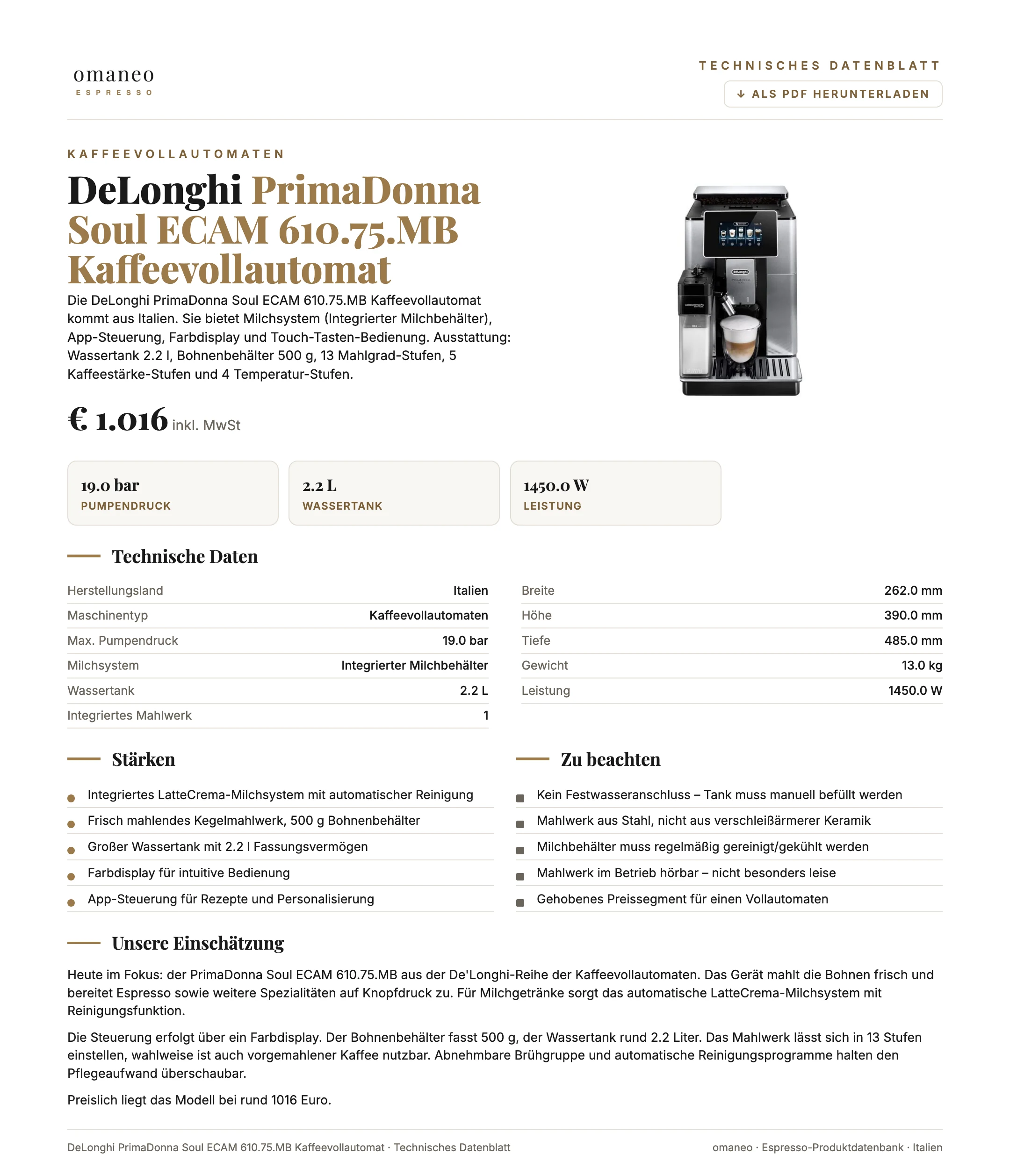 Technisches Datenblatt PrimaDonna Soul ECAM 610.75.MB Kaffeevollautomat