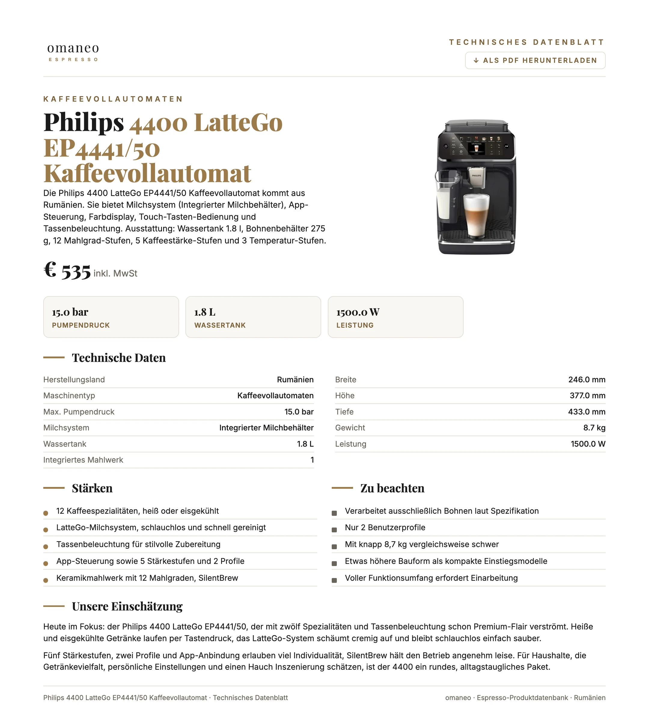 Technisches Datenblatt 4400 LatteGo EP4441/50 Kaffeevollautomat