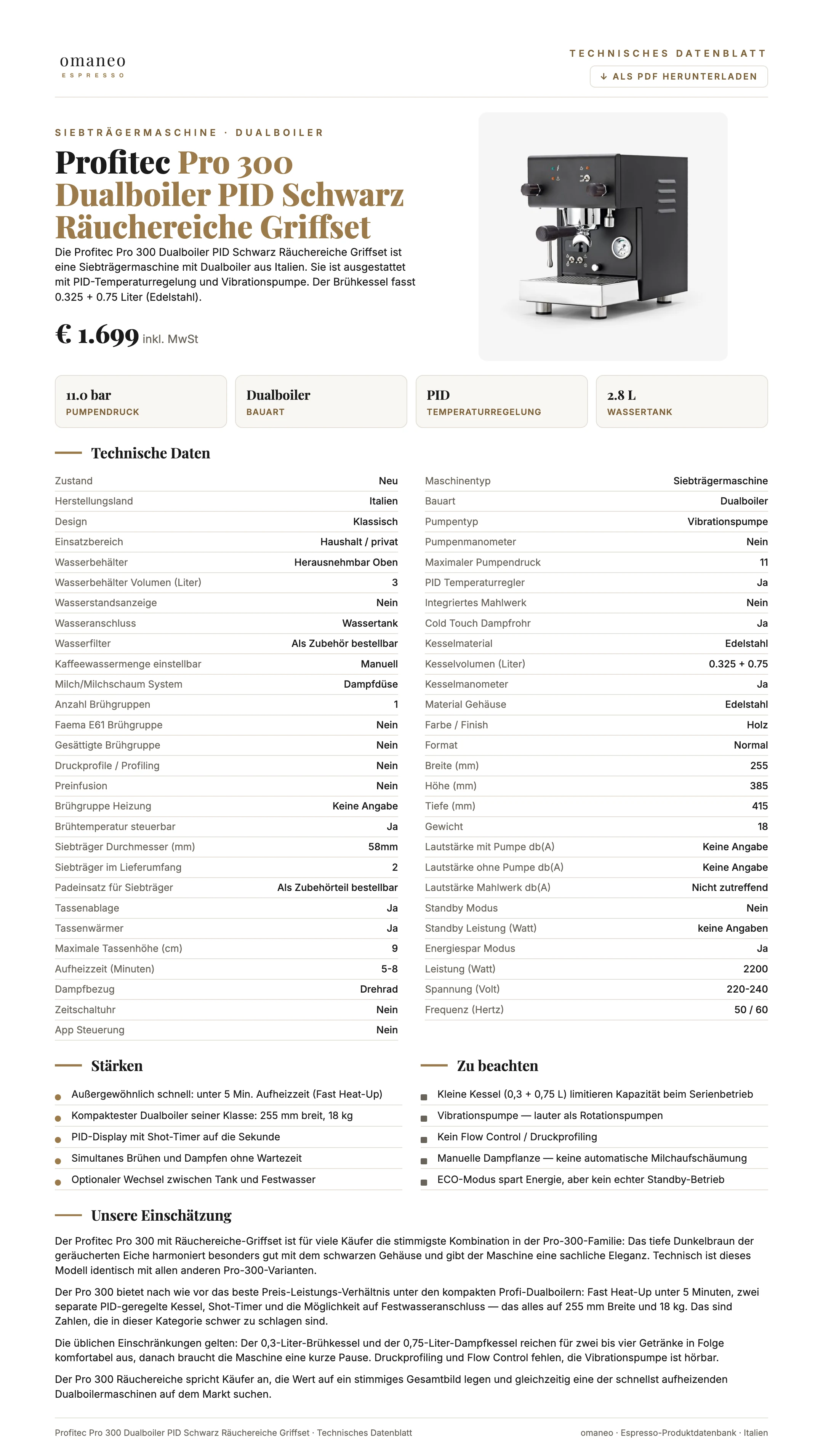 Technisches Datenblatt Pro 300 Dualboiler PID Schwarz Räuchereiche Griffset