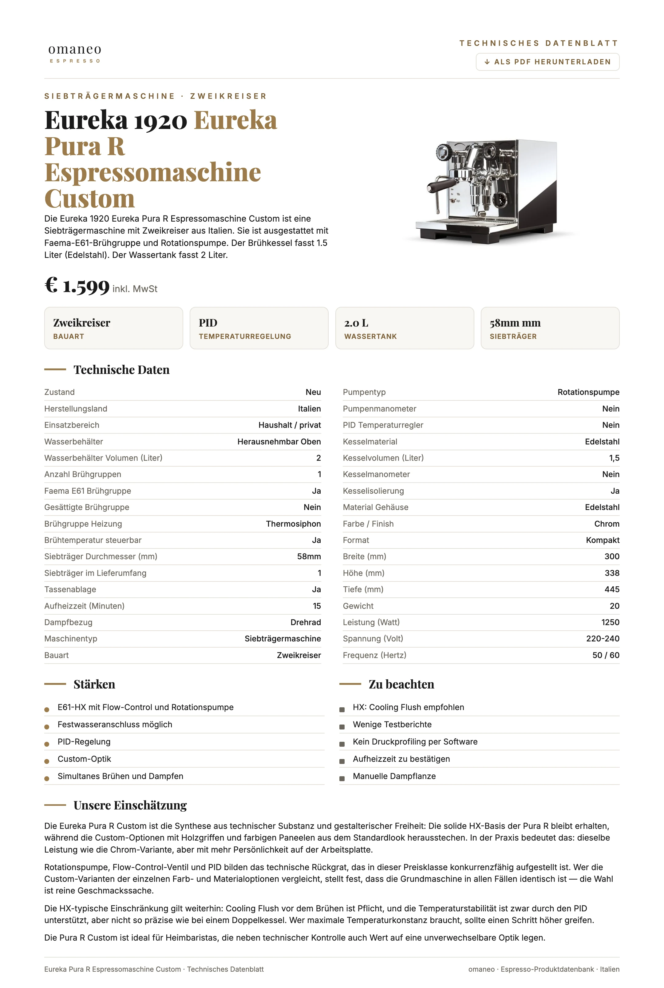 Technisches Datenblatt Eureka Pura R Espressomaschine Custom