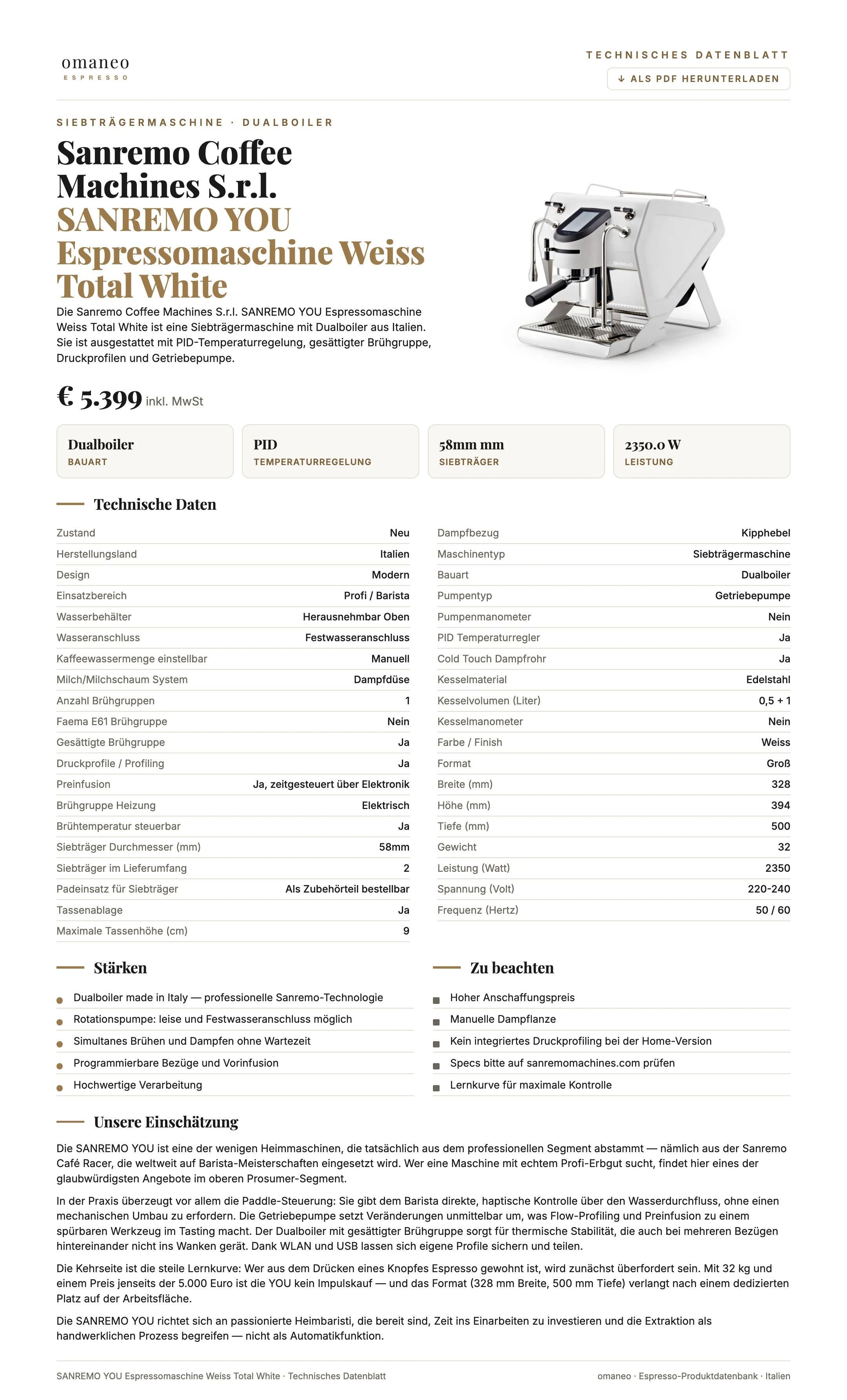 Technisches Datenblatt SANREMO YOU Espressomaschine Weiss Total White