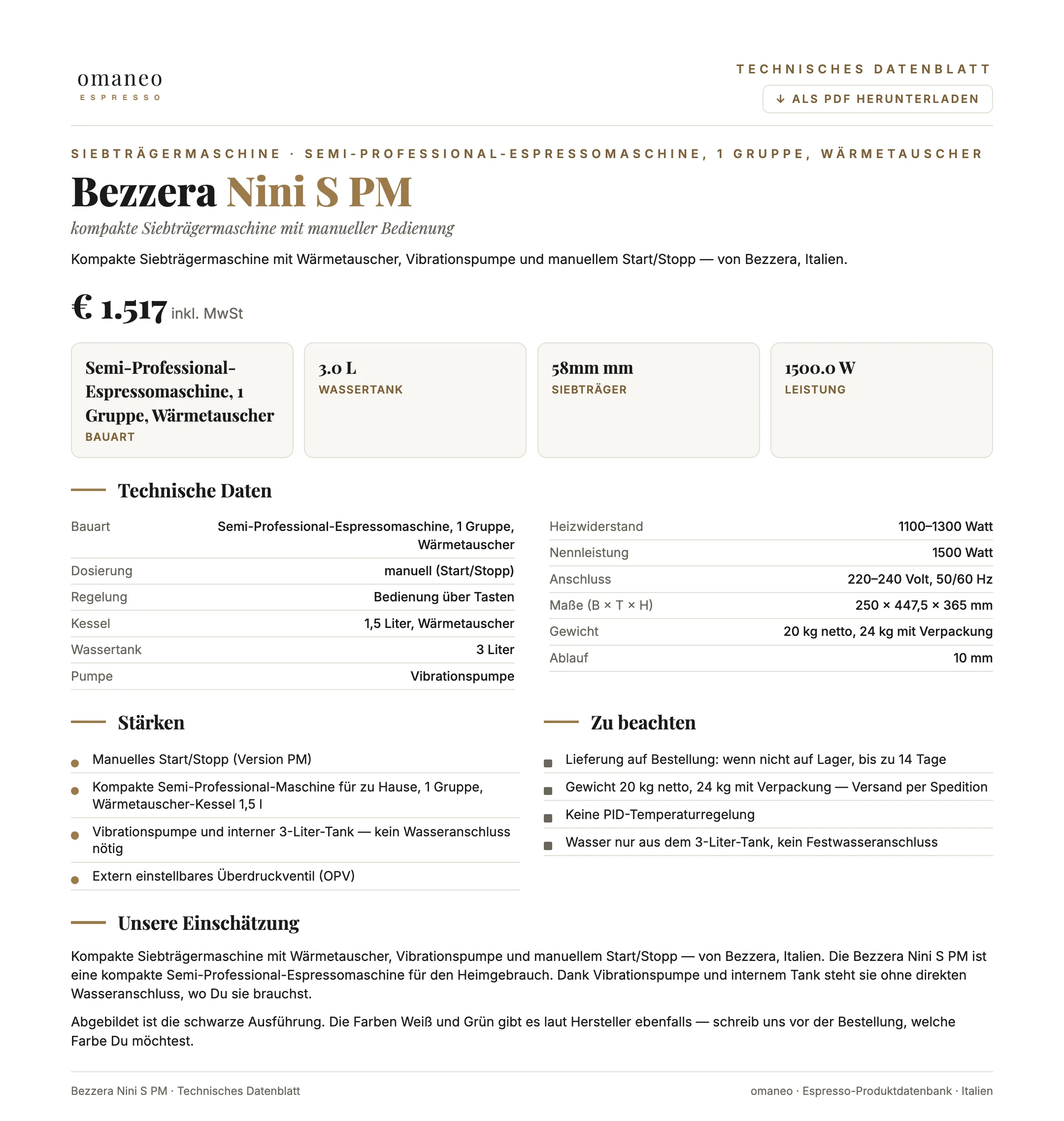 Technisches Datenblatt Nini S PM