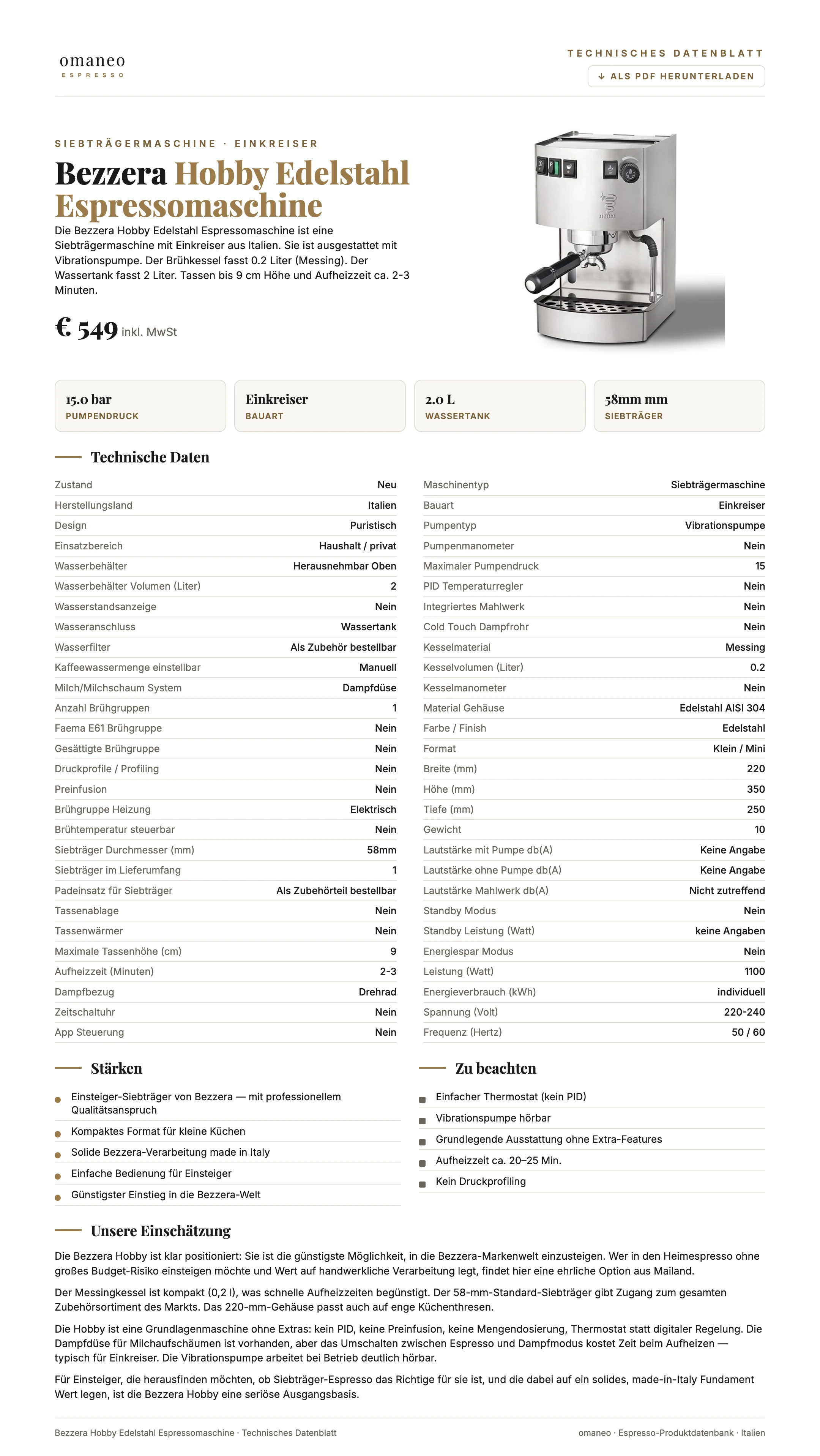 Technisches Datenblatt Hobby Edelstahl Espressomaschine