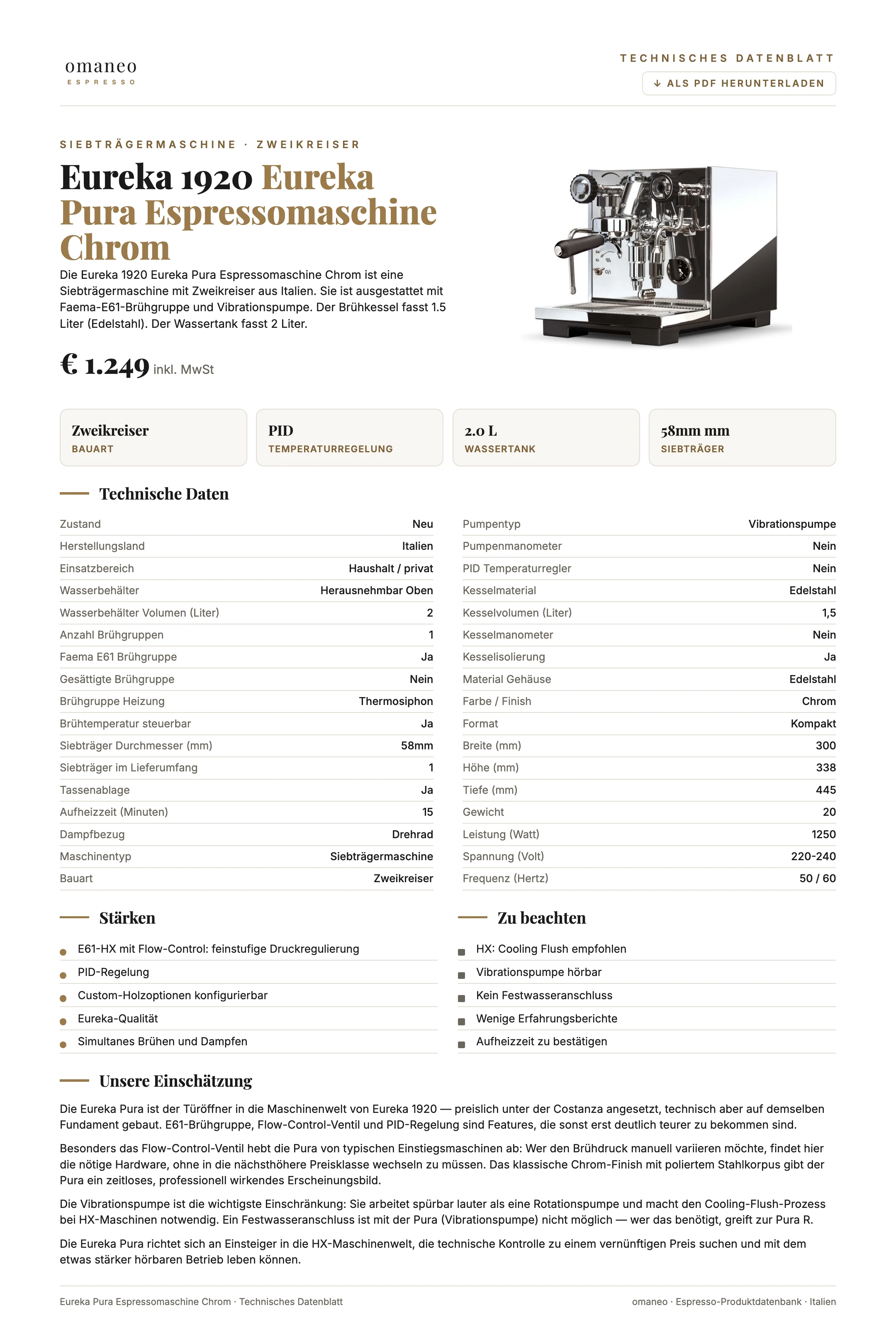 Technisches Datenblatt Eureka Pura Espressomaschine Chrom
