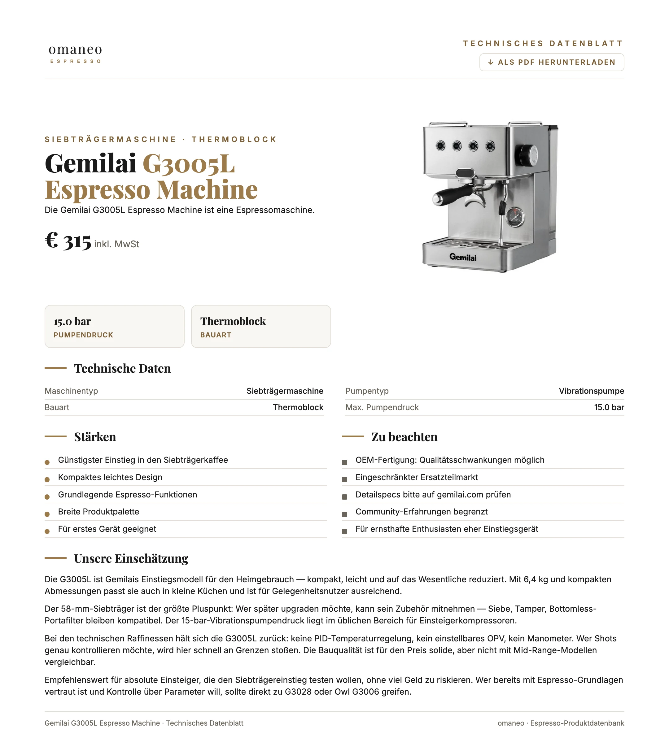 Technisches Datenblatt G3005L Espresso Machine